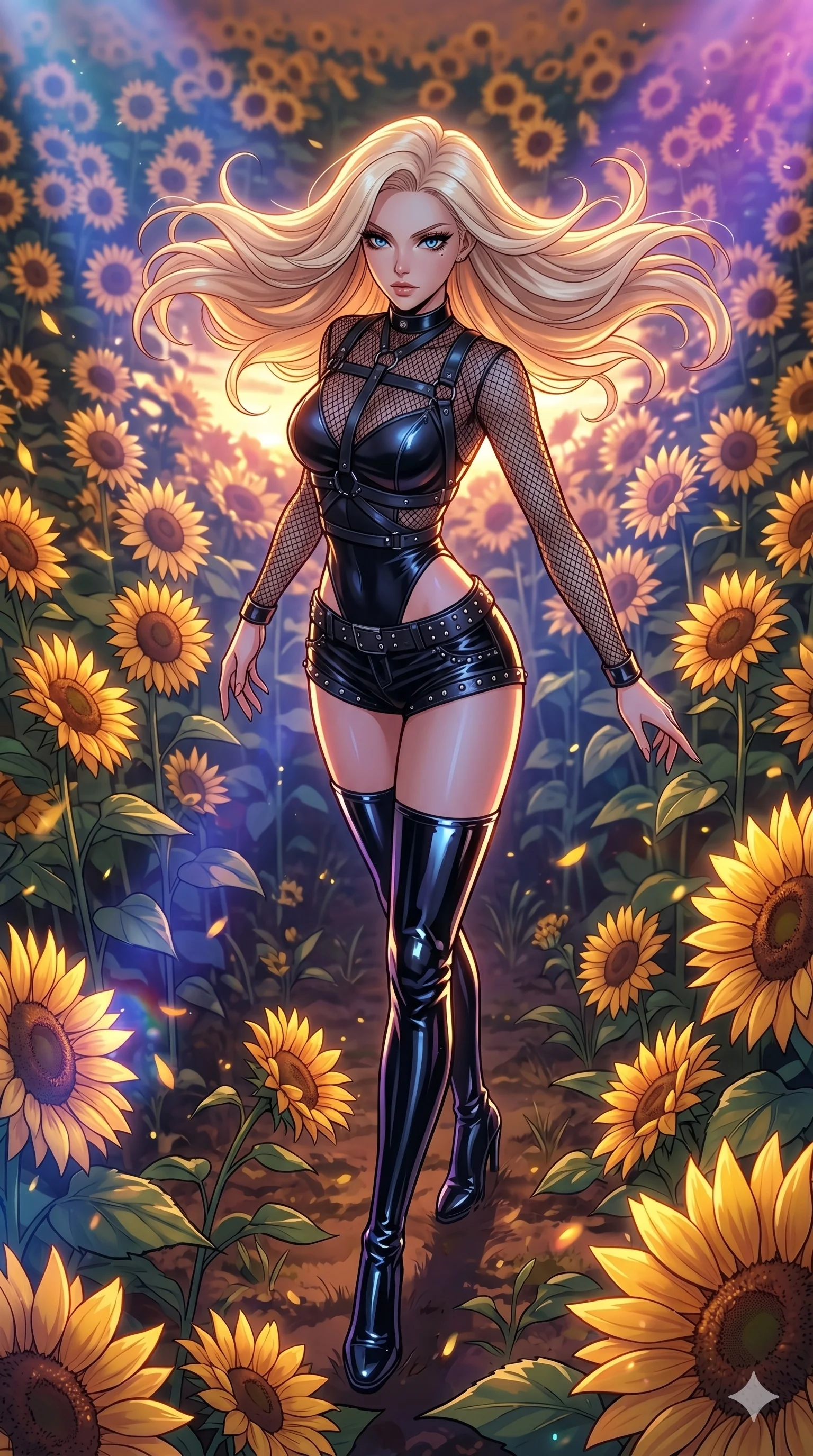 score_9, masterpiece, best quality, ultra-detailed, high-budget anime movie keyframe, cinematic anime lighting, intricate line art, Japanese woman. Dynamic full-body shot stretching the vertical silhouette with extreme perspective. spinning in a field of sunflowers that all sway in time with her. She has an absolutely perfect 8-heads proportion, an exceptionally tall and slender female figure with an ultra-slim waist and impossibly long slender legs. strictly human anatomy, two legs only, no extra limbs, clearly defined legs and arms, perfect anatomy, perfect hands and fingers. sharp v-shaped jawline, high-bridge nose, intricate jewel-like eyes, thick eyelashes, glossy lips. Wearing K-Idol Stage: Leather harness over mesh, high-cut bodysuit, studded micro-shorts, and thigh-high patent boots. The scene is illuminated by dramatic atmospheric lighting and vibrant color palettes. , 2k, ultra detail, master piece, 9:16 ratio