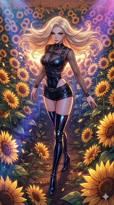 score_9, masterpiece, best quality, ultra-detailed, high-budget anime movie keyframe, cinematic anime lighting, intricate line art, Japanese woman. Dynamic full-body shot stretching the vertical silhouette with extreme perspective. spinning in a fiel