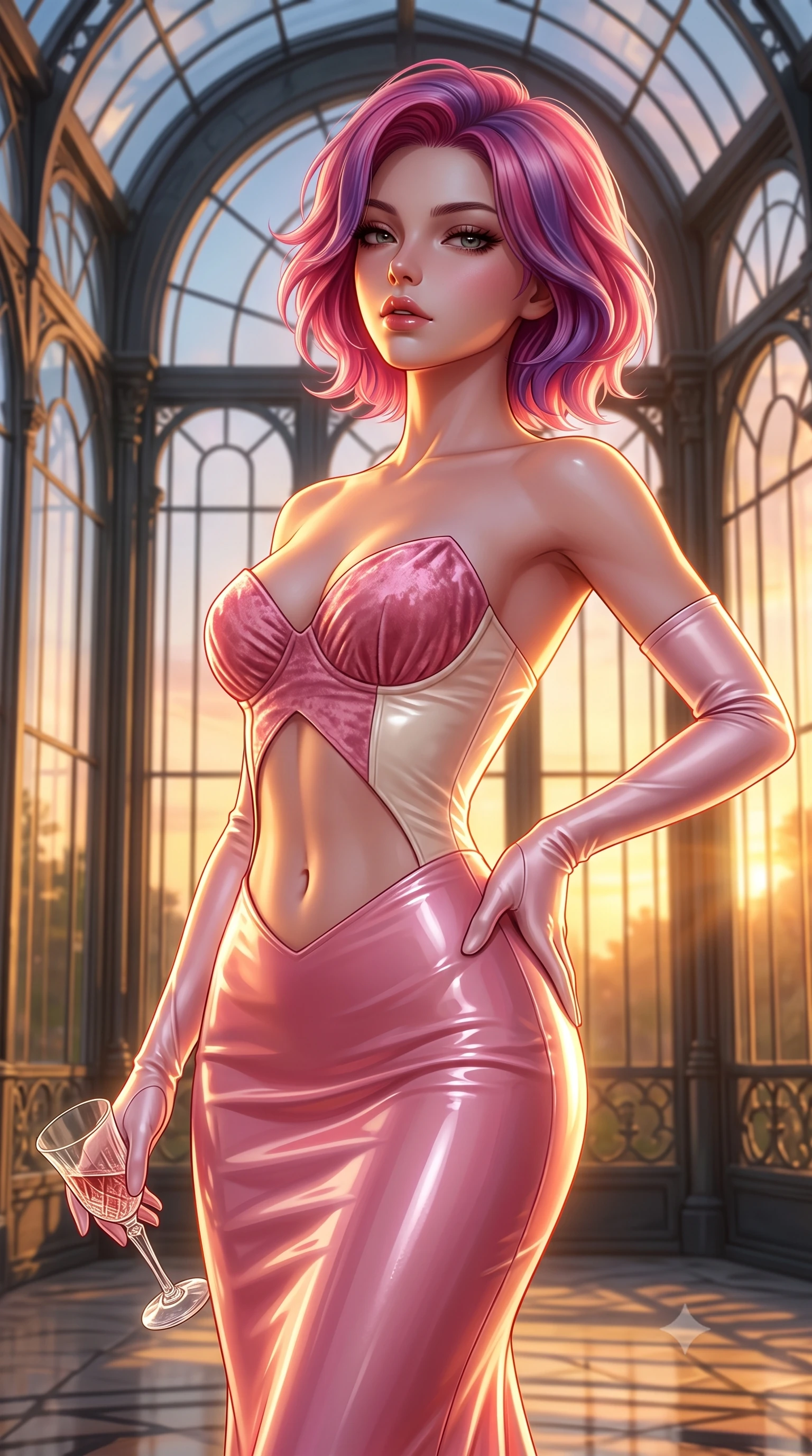 score_9, masterpiece, best quality, ultra-detailed, high-budget anime keyframe, semi-realistic 3D game render, editorial fashion photography, tasteful artistic composition, Caucasian woman. close-up cowboy shot from the waist and thighs up, the character dominates the composition, filling the frame with her large presence. arching her spine backward with effortless dancer poise, one hand sliding along her hip line as directional light carves specular highlights along her silhouette while standing poised beneath soaring arched iron-and-glass windows, twisting her slender torso in an alluring contrapposto stance in the evening glow. The surrounding environment is rendered in vivid detail and crisp panoramic clarity. detailed silk brocade gown weave, warm sunset specular sheen on skin, and baroque glasshouse clarity in high resolution. She has an exceptionally elegant, slender, and willowy female figure with an ultra-slim waist, flat toned midriff, narrow ribcage, and sculpted feminine hips creating an alluring, slim hourglass silhouette without bulk. sharp v-shaped jawline, high-bridge nose, intricate jewel-like eyes with depth, thick eyelashes, glossy parted lips with a natural sheen, intensely captivating and seductive bedroom-eyes expression, flawlessly proportioned anatomical accuracy, strict slender model proportions, natural body alignment, perfectly sculpted long slender limbs, ultra-slim waistline, clean dynamic posture without body distortion. wearing a deep sweetheart neckline crushed velvet corseted ballgown with an exposed midriff cutout in sakura blossom pink and warm ivory, tailored from second-skin aerodynamic stretch vinyl with specular wet sheen, accessorized with opera-length satin gloves and a vintage crystal glass, the second-skin form-contouring cut accentuating her sculpted flat midriff, narrow delicate ribcage, and gracefully curvy hips with supermodel precision. bathed in dramatic golden hour sunset rays streaming through towering glasshouse arched windows. highly saturated vibrant anime colors, detailed shading with soft gradients, rich glossy textures, high-contrast stereoscopic depth, volumetric dynamic lighting, master piece, 9:16 ratio