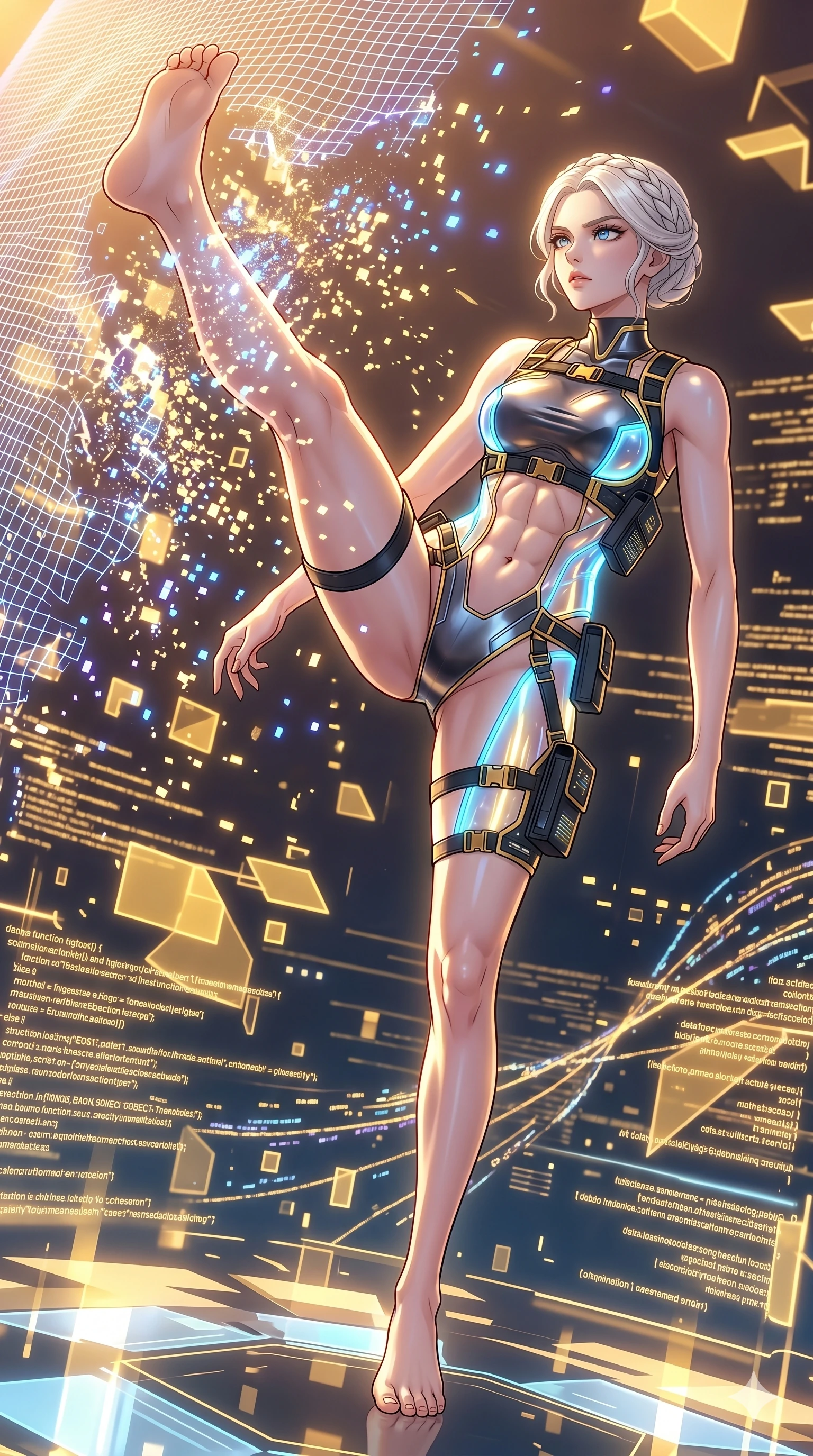 score_9, masterpiece, best quality, ultra-detailed, High-budget Anime Keyframe, vibrant colors, fluid line-art, expressive lighting, cinematic composition, Ufotable-style visual effects, top-tier animation quality, Japanese woman with delicate and elegant anime-inspired features. Low angle cowboy shot filling the entire 9:16 frame with her statuesque presence, looking up to emphasize her height. Kicking through a high-security holographic barrier, the digital mesh shattering into thousands of glowing pixels. She has an absolutely perfect 8-heads proportion, an exceptionally tall and slender female figure with impossibly long slender legs and an ultra-slim waist, her statuesque height and towering silhouette dominating the vertical 9:16 frame. Her face is a masterpiece featuring a sharp v-shaped jawline, high-bridge nose, intricate jewel-like eyes with depth, thick eyelashes, and glossy lips with a natural sheen. She is wearing a High-cut leotard with metallic plating and translucent PVC panels on the sides crafted from Fluorescent mesh that glows brightly under neon light, highlighting her silhouette, with an exposed midriff and a complex harness system that draws the eye. The scene is set in an abstract digital void with floating golden geometric shapes and rivers of flowing code, illuminated by golden hour sunlight that gives her skin a warm, radiant glow. 2k, ultra detail, master piece, 9:16 ratio