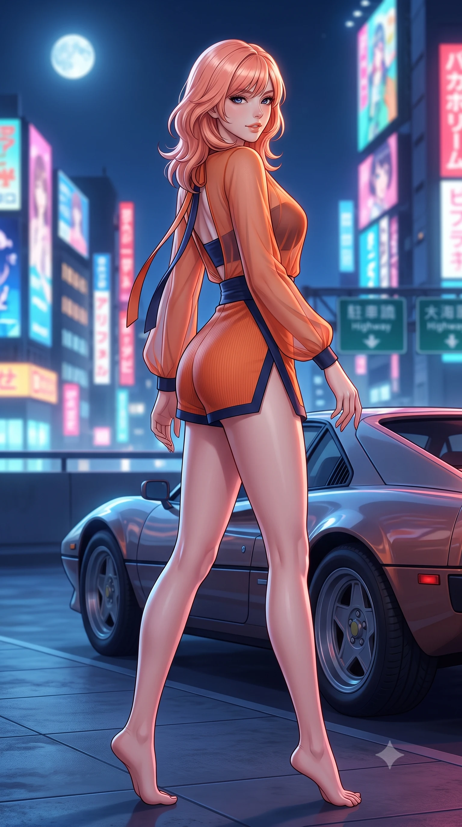 score_9, masterpiece, best quality, ultra-detailed, high-budget anime keyframe, semi-realistic 3D game render, editorial fashion photography, tasteful artistic composition, Japanese woman. low angle full-body shot from head to toe showing her feet, filling the entire 9:16 vertical frame with her statuesque presence, stretching her vertical silhouette. walking along the moonlit terrace with poise, looking back over her bare shoulder with an irresistible smoldering bedroom-gaze while standing poised beside a sleek retro sports car parked on the shoulder, arching her back with dangerous 80s city-pop glamour. The background shows a soft-focus highway overhead gantry signage softened in high-octane retro city shallow focus. She has an absolutely perfect, statuesque 8.5-heads proportion, an exceptionally tall and slender model-like female figure with impossibly long slender legs, an ultra-slim waist, a flat toned midriff, narrow delicate ribcage, and beautifully sculpted feminine hips creating a graceful, slim hourglass silhouette without any bulky heaviness. sharp v-shaped jawline, high-bridge nose, sparkling eyes with hypnotic seductive depth, thick curled eyelashes, glossy parted lips with a natural dewy peach sheen, alluring bedroom-eyes with an enchanting coquettish smile, exuding magnetic siren charisma and sophisticated glamour, flawlessly proportioned anatomical accuracy, strict slender model proportions, natural body alignment, perfectly sculpted long slender limbs, ultra-slim waistline, clean dynamic posture without body distortion. wearing a deep V-neck sheer gossamer hanbok blouse layered over an opaque silk bandeau and high-waisted wrap shorts in sunset tangerine orange and deep navy indigo, tailored from fine ribbed modal knit with gentle elastic contouring and soft hand-feel, finished with long silk ribbon ties fluttering down her bare spine from a backless halter, the high-slit wrap tailoring accentuating her ultra-slim waistline and the enchanting curve of her feminine hips with alluring seductive charm. bathed in dynamic dual-tone neon lighting spilling from towering Japanese billboard displays. highly saturated vibrant anime colors, detailed shading with soft gradients, rich glossy textures, high-contrast stereoscopic depth, volumetric dynamic lighting, master piece, 9:16 ratio