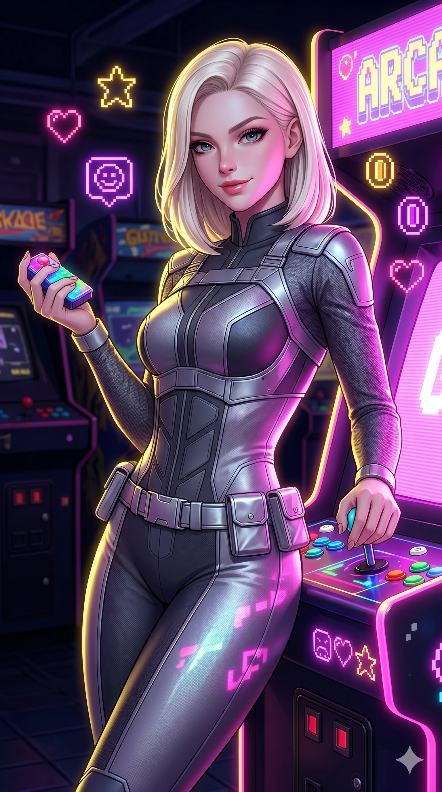 score_9, masterpiece, best quality, ultra-detailed, high-budget anime keyframe, semi-realistic 3D game render, Caucasian woman, strictly human ears. Upper body close-up from the thighs up, character filling the screen for maximum presence. She is leaning back against a glowing retro arcade cabinet, surrounded by floating pixelated neon icons. She holds a glowing joystick with a teasing, commanding smile. She has an absolutely perfect 8-heads proportion, a tall and elegant figure with a refined silhouette and a defined waistline. V-shaped jawline, high-bridge nose, intricate jewel-like eyes with depth, thick eyelashes, glossy lips with a natural sheen. She is wearing a high-fashion tech-jumpsuit featuring structured panel overlays across the torso and shoulders, accented by a metallic silver utility belt and textured fabric sleeves. The scene is illuminated by bright pink and violet neon screen glare and a sharp yellow ambient rim light. 2k, ultra detail, master piece, 9:16 ratio