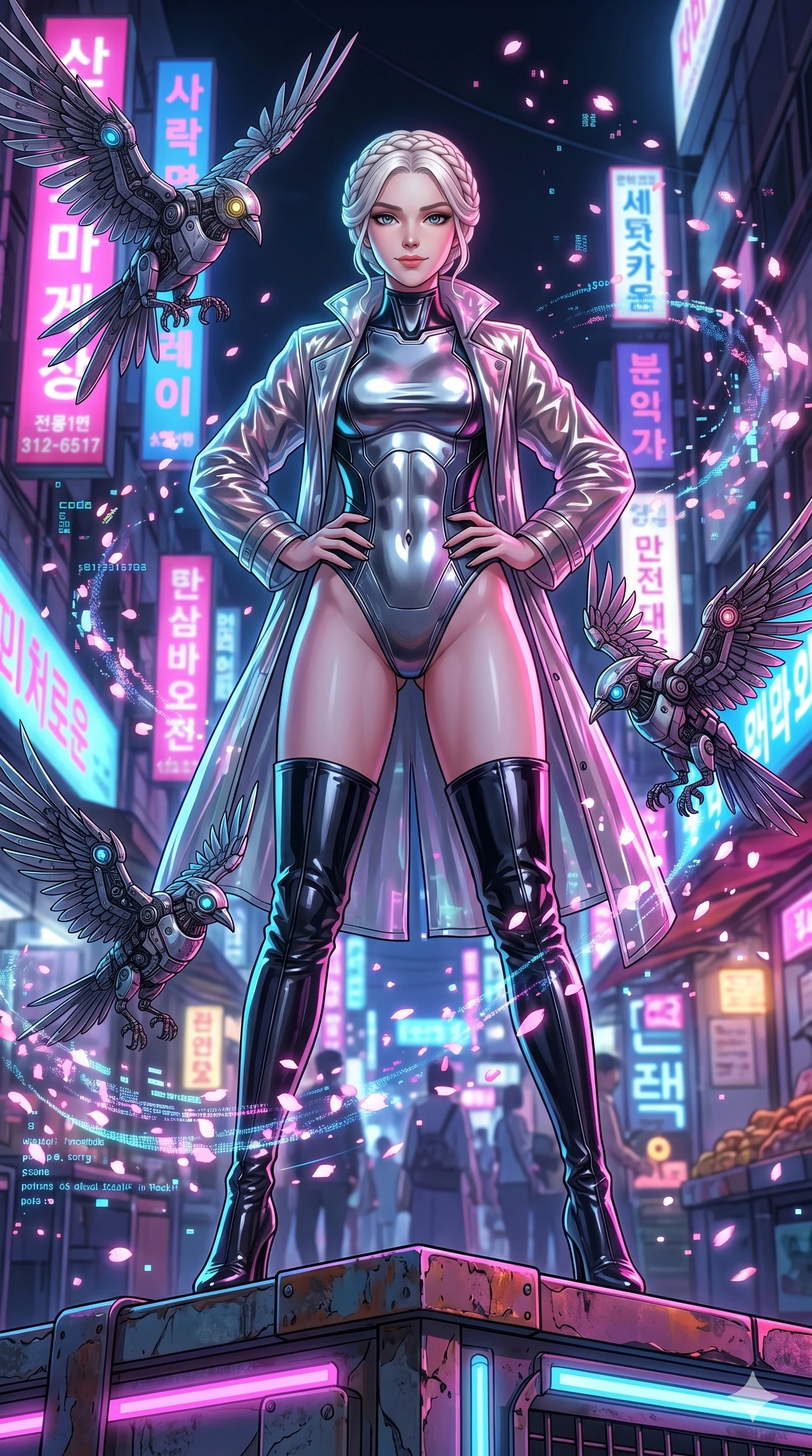 score_9, masterpiece, best quality, ultra-detailed, Set A: High-budget Anime Keyframe, Korean woman. Low angle cowboy shot filling the entire 9:16 frame with her statuesque presence. Standing victoriously through a neon-lit Neo-Seoul market, surrounded by a whirlwind of 2 mechanical birds and surrounded by digital sakura petals. She has an well-proportioned figure, an tall and elegant figure with elegant legs and an graceful posture. Sharp v-shaped jawline, high-bridge nose, intricate jewel-like eyes with depth, thick eyelashes, glossy lips with a natural sheen. Wearing Glossy material raincoat over a metallic swimwear and thigh-high patent boots. Cinematic lighting, vibrant colors, dramatic shadows, 2k, ultra detail, master piece, 9:16 ratio