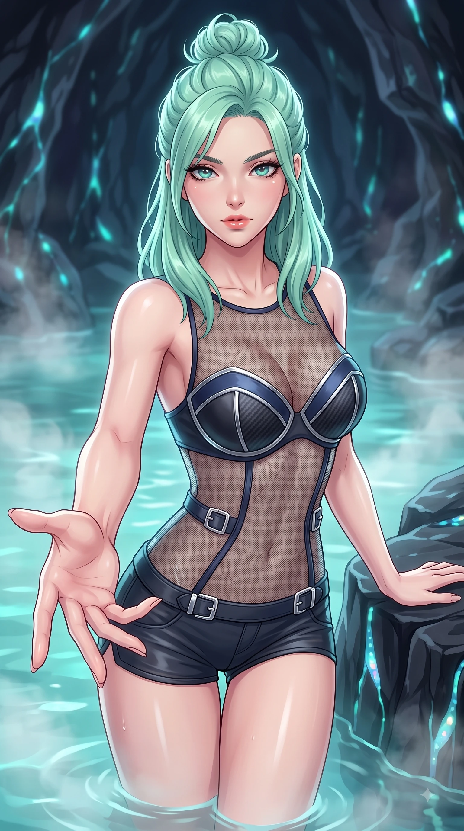 score_9, masterpiece, best quality, ultra-detailed, high-budget anime keyframe, editorial fashion photography, tasteful artistic composition, Japanese woman. close-up cowboy shot from the waist and thighs up, the character dominates the composition, filling the frame with her large presence, background elements kept in soft focus. Reaching one arm gracefully toward the camera with magnetic poise, displaying her statuesque silhouette while resting gracefully against a carved obsidian basalt rock edge in a private thermal hot spring, bioluminescent opal veins pulsing softly in the subterranean obsidian walls. She has an exceptionally elegant, slender, and willowy female figure with an ultra-slim waist, a gracefully sculpted slender torso, and a refined silhouette. sharp v-shaped jawline, high-bridge nose, intricate jewel-like eyes with depth, thick eyelashes, glossy lips with a natural sheen, flawlessly proportioned anatomical accuracy, natural body alignment, perfectly sculpted elegant limbs, clean dynamic posture without body distortion. wearing a delicate see-through mesh top with structured cup boning and micro-shorts in midnight navy blue and chrome trim, made of fine carbon-fiber weave and soft matte leather, detailed with polished silver buckles along the waistline, the elegant draped fit framing her graceful clavicle and slender torso. surrounded by a tranquil, spa-like aura with bright specular rim lights. highly saturated vibrant anime colors, detailed shading with soft gradients, rich glossy textures, high-contrast stereoscopic depth, volumetric dynamic lighting, master piece, 9:16 ratio