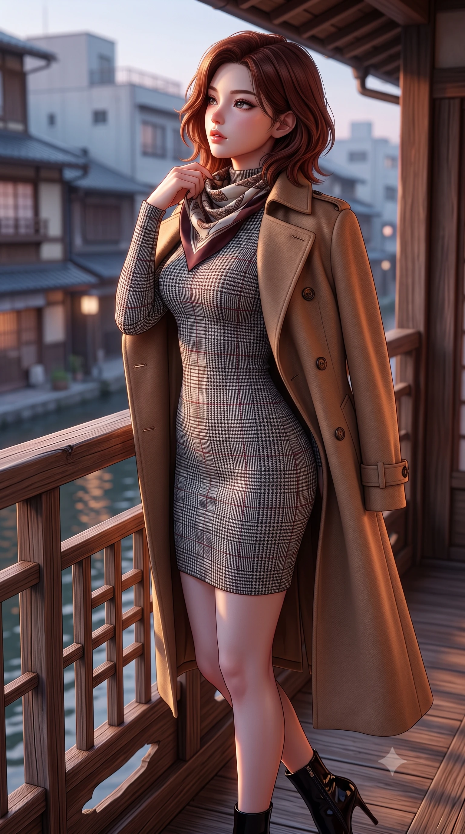 score_9, masterpiece, best quality, ultra-detailed, high-budget anime keyframe, semi-realistic 3D game render, editorial fashion photography, tasteful artistic composition, Korean woman. close-up cowboy shot from the waist and thighs up, the character dominates the composition, filling the frame with her large presence. turning in an alluring three-quarter profile with head tilted, her glossy parted lips and jewel-like eyes catching the warm light while leaning gently against the cedar lattice railing of the historic machiya balcony, one hand holding her scarf against the crisp evening breeze. The surrounding environment is rendered in vivid detail and crisp panoramic clarity: detailed double-breasted wool gabardine trench coat drape, horn buttons, and historic Japanese urban architecture in high resolution. She has an exceptionally elegant, slender, and willowy female figure with an ultra-slim waist, flat toned midriff, narrow ribcage, and sculpted feminine hips creating an alluring, slim hourglass silhouette without bulk. sharp v-shaped jawline, high-bridge nose, intricate jewel-like sparkling eyes with depth, thick eyelashes, glossy parted lips with a natural peach sheen, bright cheerful beaming smile with an enchanting and coquettish sensual glint, exuding both youthful cute charm and seductive allure, flawlessly proportioned anatomical accuracy, strict slender model proportions, natural body alignment, perfectly sculpted long slender limbs, ultra-slim waistline, clean dynamic posture without body distortion. wearing a sculpted cable-ribbed cashmere bodycon sweater dress with long fitted sleeves and a snug mock-neck tracing her slender silhouette in classic glen plaid monochrome with subtle wine red accent, woven from fluid liquid silk jersey that clings smoothly to her narrow waist and rounded hips with a dewy sheen, complemented by sleek patent leather stiletto ankle boots accentuating her long slender calves, the glove-like clinging cut tightly following the natural contour of her hips and long slender legs with youthful 8.5-heads elegance. illuminated by river water specular reflection bounce and sharp copper-rose rim lights sculpting her jawline, narrow waist, and graceful model proportions. highly saturated vibrant anime colors, detailed shading with soft gradients, rich glossy textures, high-contrast stereoscopic depth, volumetric dynamic lighting, master piece, 9:16 ratio