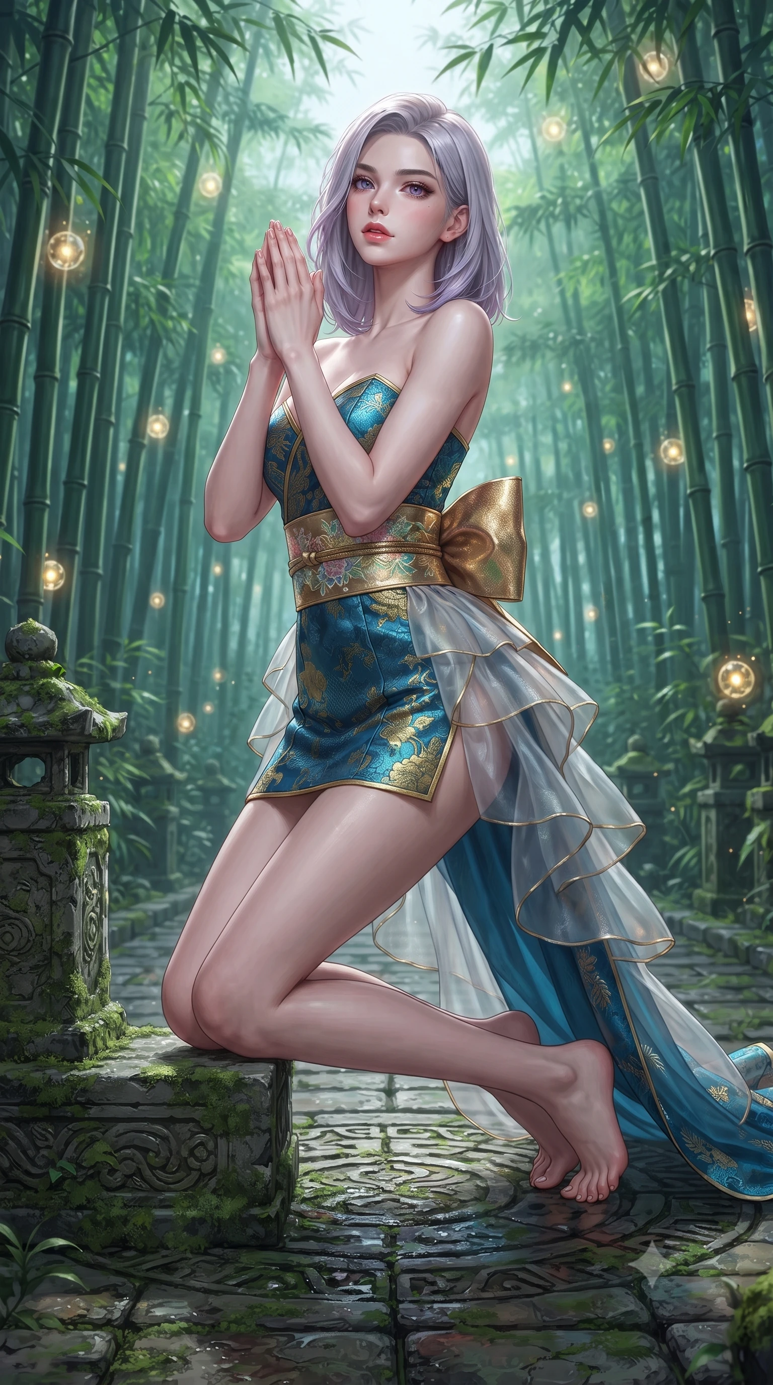 score_9, masterpiece, best quality, ultra-detailed, high-budget anime keyframe, editorial fashion photography, tasteful artistic composition, Caucasian woman. low angle full-body shot from head to toe showing her feet, filling the entire 9:16 vertical frame with her statuesque presence, stretching her vertical silhouette. landing lightly on the balls of her feet in a balanced kinetic stance, eyes locked onto the camera with fearless allure while kneeling before a moss-covered ancient stone spirit altar with hands clasped in quiet prayer, gazing up with jewel-like eyes. The surrounding environment is rendered in vivid detail and crisp panoramic clarity. sharp bamboo stalk ring textures, glowing spirit orb cores, and damp stone path masonry in deep focus. She has an absolutely perfect, statuesque 8.5-heads proportion, an exceptionally tall and slender model-like female figure with impossibly long slender legs, a toned flat midriff, and an ultra-slim waist. sharp v-shaped jawline, high-bridge nose, intricate jewel-like eyes with depth, thick eyelashes, glossy lips with a natural sheen, captivating and magnetic expression, flawlessly proportioned anatomical accuracy, strict slender model proportions, natural body alignment, perfectly sculpted long slender limbs, ultra-slim waistline, clean dynamic posture without body distortion. wearing a jade-inlaid silk bustier dress with multi-tiered translucent organza train and metallic sash in deep azure blue and gold leaf embroidery, made of rich textured jacquard silk with dragon scale weave, complemented by a wide metallic gold obi sash with holographic floral embroidery, the form-contouring material adhering flawlessly to her sculpted flat midriff and slender torso, emphasizing her long leg lines and perfectly proportioned willowy build. illuminated by ethereal glow highlighting her sculpted collarbones, waistline, and slender silhouette. ultra-reflective glossy finish, specular highlights, rich textural contrasts, high-contrast stereoscopic depth, volumetric dynamic lighting, 2k, ultra detail, master piece, 9:16 ratio