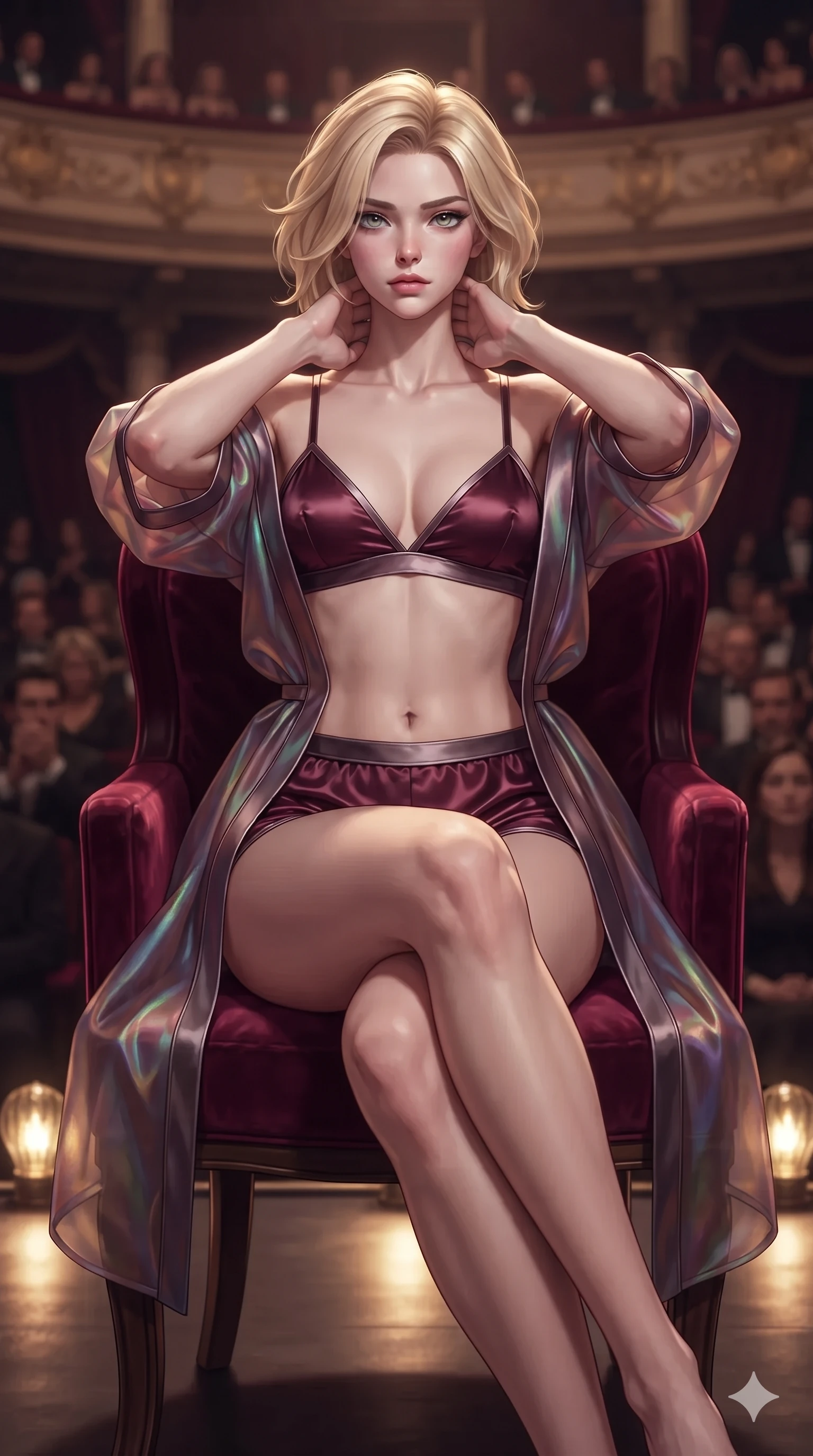 score_9, masterpiece, best quality, ultra-detailed, high-budget anime keyframe, editorial fashion photography, tasteful artistic composition, Caucasian woman. close-up cowboy shot from the waist and thighs up, the character dominates the composition, filling the frame with her large presence. resting both hands lightly behind her neck with elbows raised, arching her spine to highlight her narrow waist, flat midriff, and breathtaking collarbones while sitting gracefully in the high-backed velvet royal chair with legs crossed, flashing an enchanting, dangerous smile with parted glossy lips. The background shows a soft-focus theatrical grand tier atmosphere softened in royal opera salon shallow focus. She has an exceptionally elegant, slender, and willowy female figure with an ultra-slim waist, flat toned midriff, narrow ribcage, and sculpted feminine hips creating an alluring, slim hourglass silhouette without bulk. sharp v-shaped jawline, high-bridge nose, intricate jewel-like sparkling eyes with depth, thick eyelashes, glossy parted lips with a natural sheen, intensely captivating and seductive bedroom-eyes expression, exuding both youthful cute charm and sovereign luxury allure, flawlessly proportioned anatomical accuracy, strict slender model proportions, natural body alignment, perfectly sculpted long slender limbs, ultra-slim waistline, clean dynamic posture without body distortion. wearing a translucent iridescent organza kimono robe slipping off bare shoulders over a matching satin micro-bralette and micro-shorts in deep wine burgundy and brushed dark platinum, woven from buttery-soft stretch lambskin leather adhering to her body like a second skin, finished with an ultra-high side slit secured by miniature jeweled clasps, the impeccably tailored cut draping gracefully along her slender figure with aristocratic poise. bathed in the theatrical, dramatic contrast of golden stage footlights from below and dim ambient royal crimson lighting. ultra-reflective glossy finish, specular highlights, rich textural contrasts, high-contrast stereoscopic depth, volumetric dynamic lighting, 2k, ultra detail, master piece, 9:16 ratio