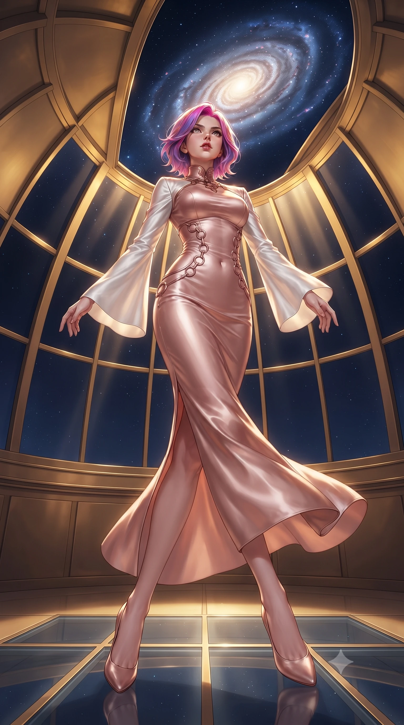 score_9, masterpiece, best quality, ultra-detailed, high-budget anime keyframe, editorial fashion photography, tasteful artistic composition, Caucasian woman. low angle full-body shot from head to toe showing her feet, filling the entire 9:16 vertical frame with her statuesque presence, stretching her vertical silhouette. leaping dynamically through the luminous sky, her posture full of power and elegance, inside a high-altitude glass dome observatory looking out at a swirling spiral galaxy, deep navy cosmic sky contrast against warm interior gold glow. She has an absolutely perfect, statuesque 8.5-heads proportion, an exceptionally tall and slender model-like female figure with impossibly long slender legs and an ultra-slim waist. sharp v-shaped jawline, high-bridge nose, intricate jewel-like eyes with depth, thick eyelashes, glossy lips with a natural sheen. wearing gothic high-collar rose-gold silk evening gown with long bell sleeves in pearl white, made of soft rose-gold satin, trimmed with rose-gold ring hardware along the waist contours, following her slender form with tailored precision. lit by bright golden key rays piercing through glass dome panes. highly saturated vibrant anime colors, detailed shading with soft gradients, rich glossy textures, high-contrast stereoscopic depth, volumetric dynamic lighting, master piece, 9:16 ratio