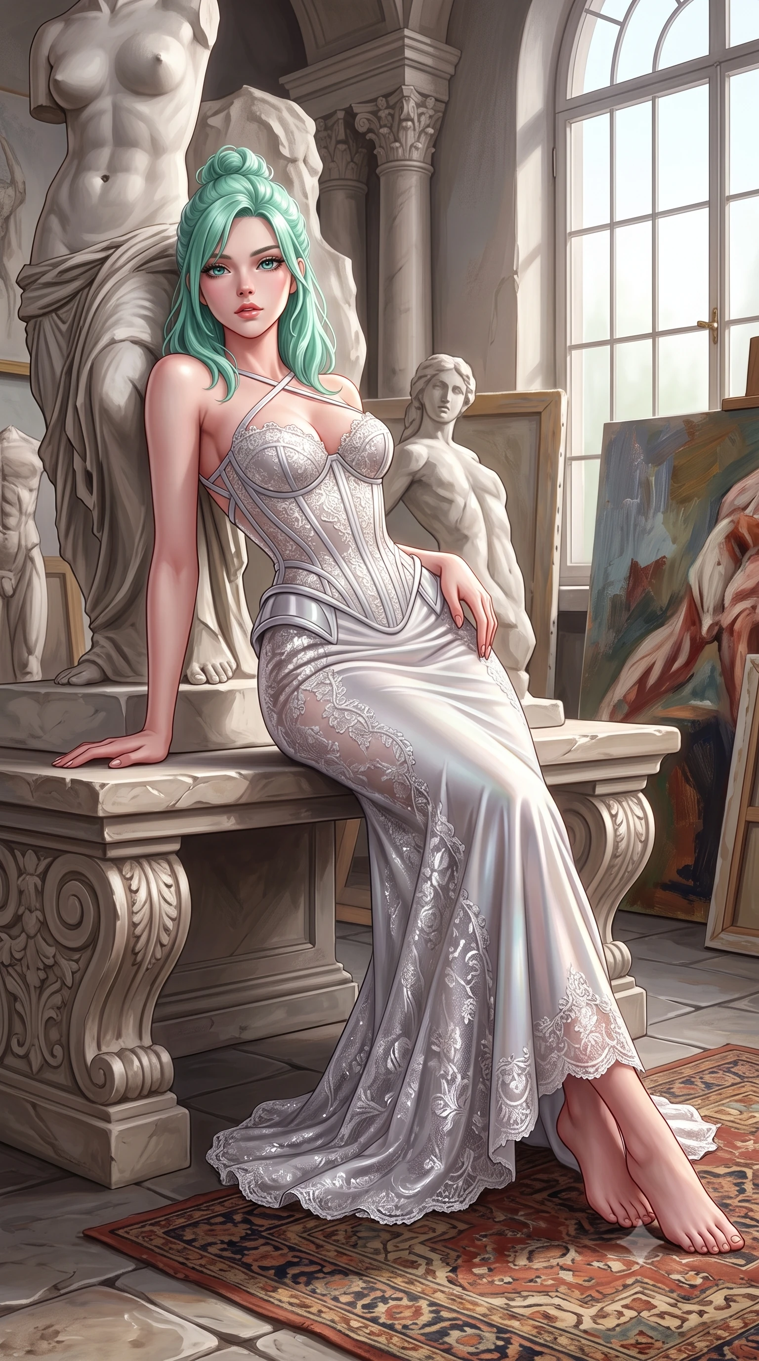 score_9, masterpiece, best quality, ultra-detailed, high-budget anime keyframe, semi-realistic 3D game render, editorial fashion photography, tasteful artistic composition, Japanese woman. low angle full-body shot from head to toe showing her feet, filling the entire 9:16 vertical frame with her statuesque presence, stretching her vertical silhouette. leaning deep against the structural architecture with hips cocked in an unapologetically bold, seductive high-fashion stance while reclining on a low carved stone bench amidst unfinished plaster statues, torso propped on one hand with smoldering artistic allure. The surrounding environment is rendered in vivid detail and crisp panoramic clarity. detailed anatomical sculpture contours, oil painting canvases, and natural north window light gradients in high resolution. She has an absolutely perfect, statuesque 8.5-heads proportion, an exceptionally tall and slender model-like female figure with impossibly long slender legs, a toned flat midriff, an ultra-slim waist, and beautifully sculpted feminine hips. sharp v-shaped jawline, high-bridge nose, intricate jewel-like eyes with depth, thick eyelashes, glossy parted lips with a natural sheen, intensely captivating and seductive bedroom-eyes expression, flawlessly proportioned anatomical accuracy, strict slender model proportions, natural body alignment, perfectly sculpted long slender limbs, ultra-slim waistline, clean dynamic posture without body distortion. wearing a Renaissance-inspired boned corset bodice gown with exposed clavicle and sculpted hip boning in pearlescent stone white and soft silver, formed from shimmering floral lace over smooth opaque silk lining, accented with criss-cross back straps highlighting her graceful shoulder blades, the second-skin form-contouring cut accentuating her sculpted flat midriff, narrow waistline, and dramatically curvy hips without adding bulk. surrounded by a divine, timeless, and breathtakingly majestic living sculpture goddess aura. highly saturated vibrant anime colors, detailed shading with soft gradients, rich glossy textures, high-contrast stereoscopic depth, volumetric dynamic lighting, master piece, 9:16 ratio