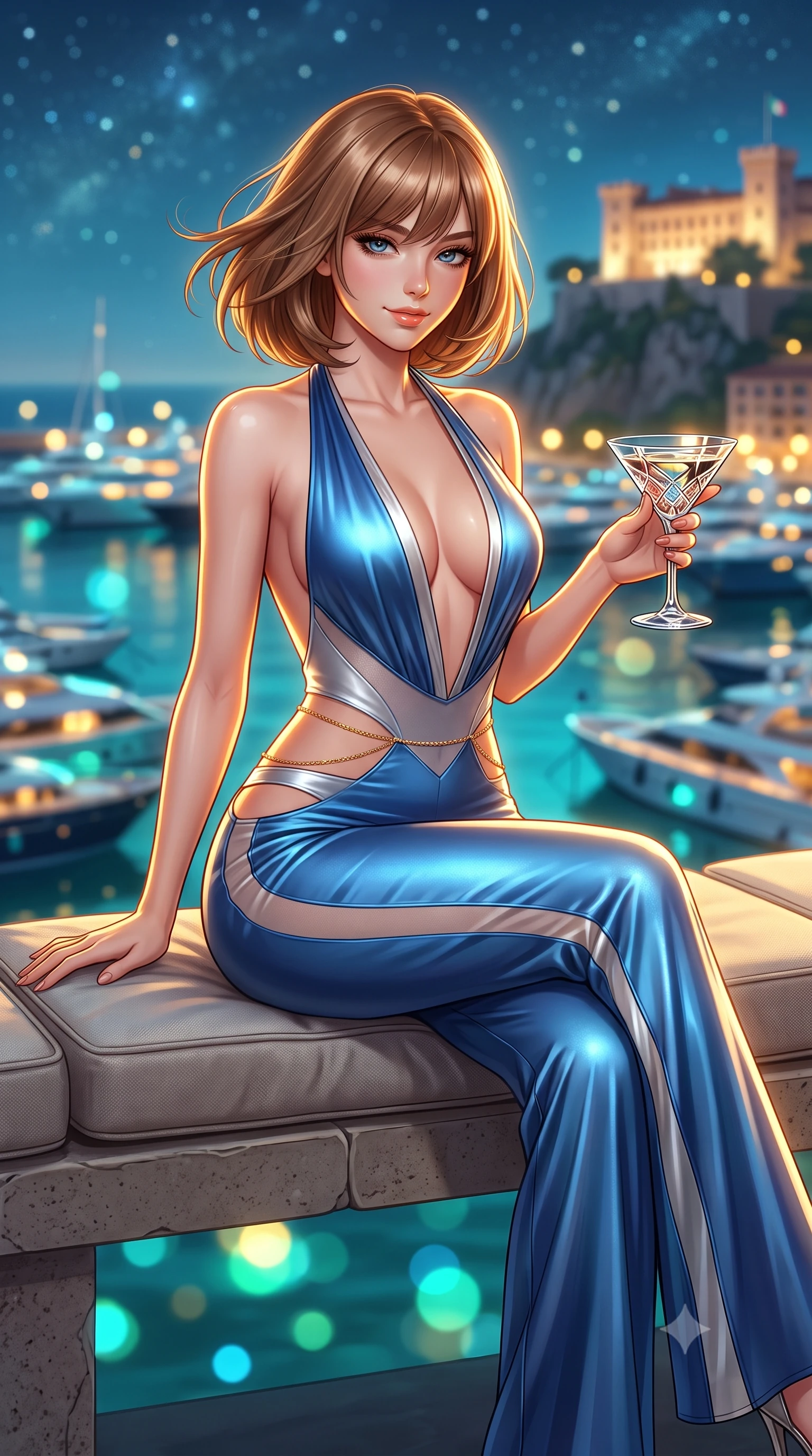 score_9, masterpiece, best quality, ultra-detailed, high-budget anime keyframe, semi-realistic 3D game render, editorial fashion photography, tasteful artistic composition, Caucasian woman. close-up cowboy shot from the waist and thighs up, the character dominates the composition, filling the frame with her large presence. turning slowly with an enchanting smoldering smile, her glossy hair tossing in the breeze as her hips angle gracefully in a captivating contrapposto while sitting perched on the cushioned stone bench with legs extended, holding a crystal cocktail glass with dangerous high-fashion cool. The background shows a soft-focus hundreds of illuminated luxury yachts moored in Port Hercules, Prince's Palace on the rock cliff, and starry sky blurred into aquamarine, gold, and sapphire bokeh. She has an exceptionally elegant, slender, and willowy female figure with an ultra-slim waist, flat toned midriff, narrow ribcage, and sculpted feminine hips creating an alluring, slim hourglass silhouette without bulk. sharp v-shaped jawline, high-bridge nose, sparkling eyes with hypnotic seductive depth, thick curled eyelashes, glossy parted lips with a natural dewy peach sheen, alluring bedroom-eyes with an enchanting coquettish smile, exuding magnetic siren charisma and sophisticated glamour, flawlessly proportioned anatomical accuracy, strict slender model proportions, natural body alignment, perfectly sculpted long slender limbs, ultra-slim waistline, clean dynamic posture without body distortion. wearing a backless plunge-front silk satin jumpsuit with fluid wide-leg silhouette and side hip cutouts in Monte Carlo sapphire and liquid platinum, made of semi-opaque stretch illusion mesh with soft shadowy contours, accented with a dainty gold belly chain resting across her flat midriff and curving hips, the glove-like clinging cut tightly following the natural contour of her hips and long slender legs with youthful 8.5-heads elegance. illuminated by terrace flagstone reflection fill and sharp golden-amber rim lights sculpting her razor-sharp jawline, narrow waist, and curvy hips. highly saturated vibrant anime colors, detailed shading with soft gradients, rich glossy textures, high-contrast stereoscopic depth, volumetric dynamic lighting, master piece, 9:16 ratio