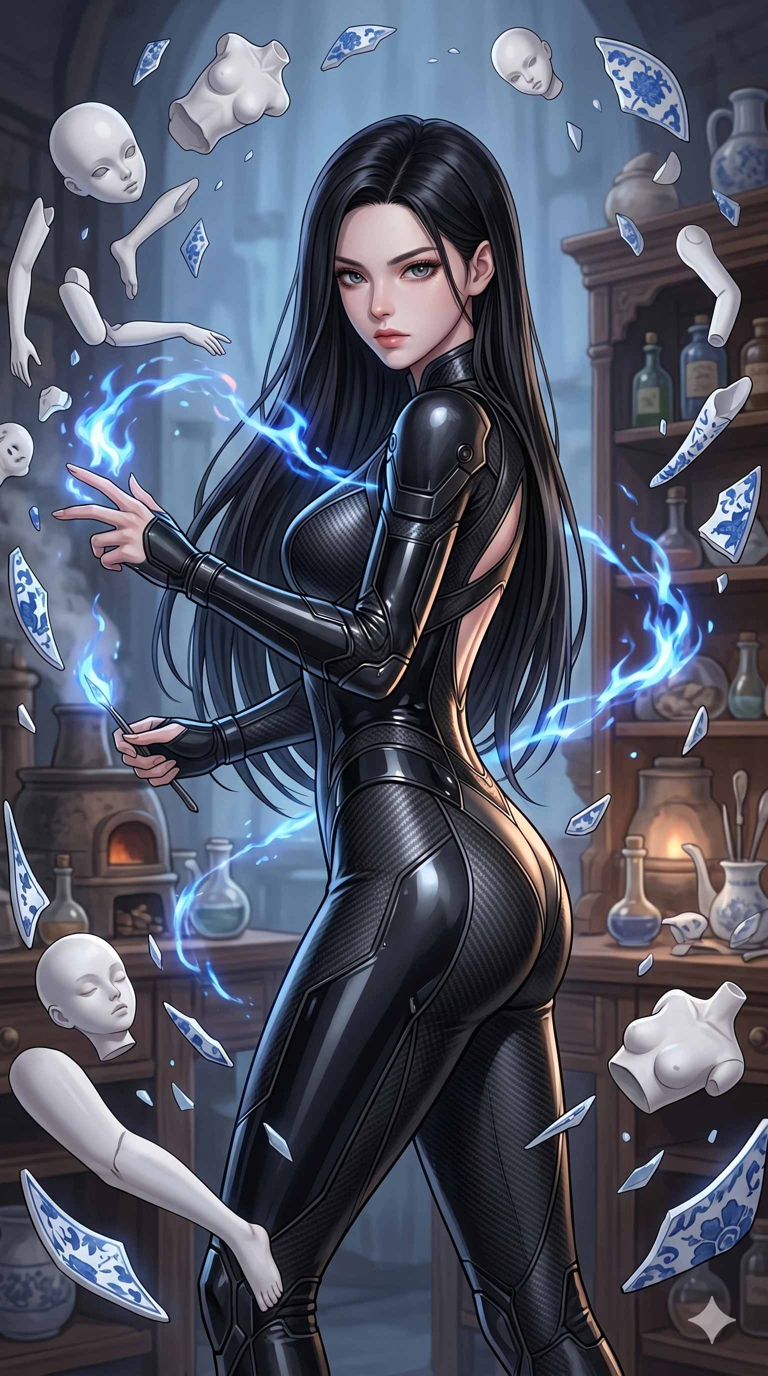 score_9, masterpiece, best quality, ultra-detailed, high-budget anime keyframe, Korean woman. upper body close-up from the thighs up, character filling the screen for maximum presence. assisting in an alchemical porcelain workshop where floating white bisque doll parts and blue porcelain shards swirl amidst blue alchemical flames. She has an absolutely perfect 8-heads proportion, an exceptionally tall and slender female figure with impossibly long slender legs and an ultra-slim waist. V-shaped jawline, high-bridge nose, intricate jewel-like eyes with depth, thick eyelashes, glossy lips with a natural sheen.. wearing a second-skin carbon fiber combat suit, featuring matte carbon fiber and glossy latex panels with elegant slitted cutouts on the upper back. lit by a soft glowing ambient light and a sharp side key light that traces the sleek contours of her athletic build. 2k, ultra detail, master piece, 9:16 ratio