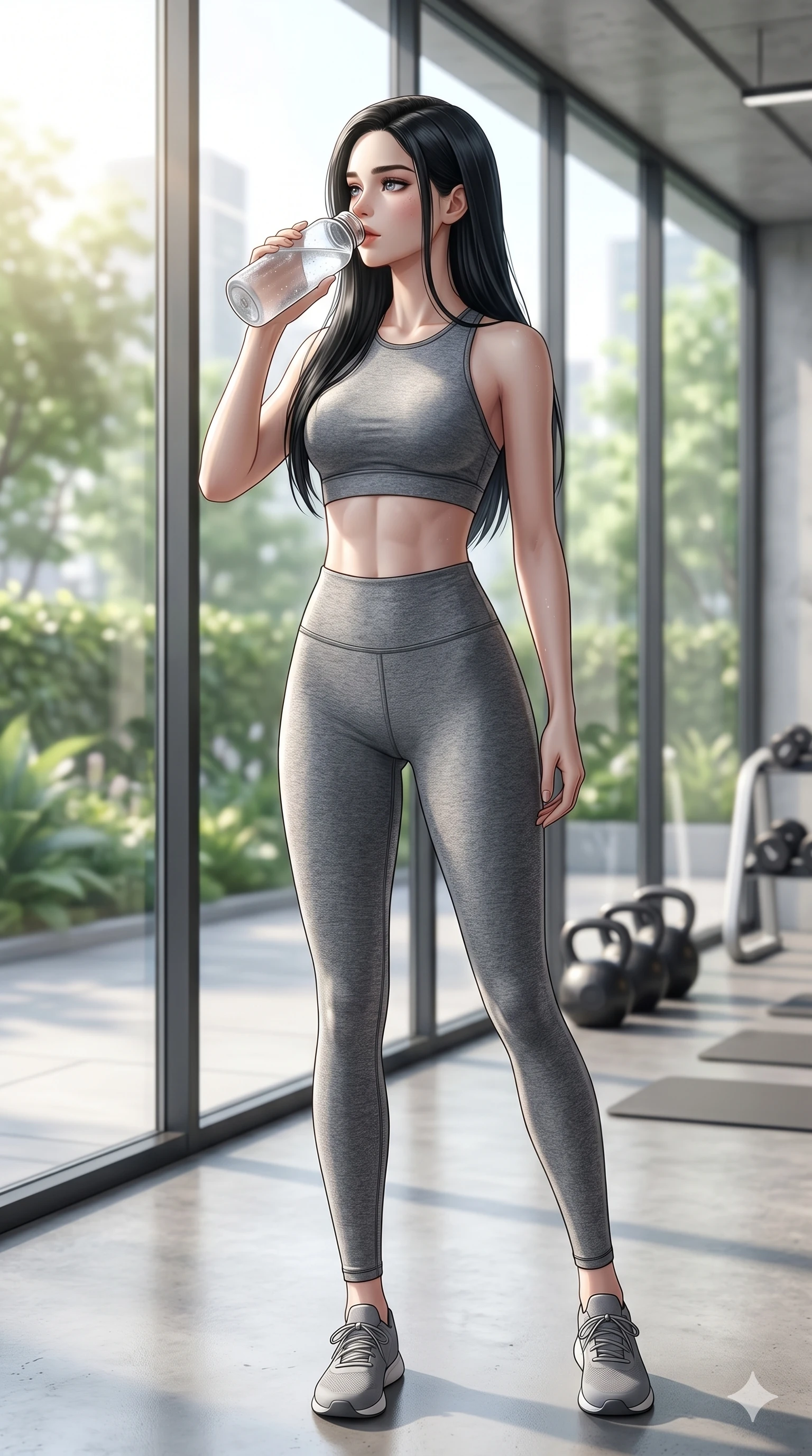 score_9, score_8_up, score_7_up, source_anime, masterpiece, best quality, ultra-detailed, same character with long black hair, wearing a high-fit grey gym set of leggings and sports bra, drinking water in a modern minimalist gym with large windows, bright morning sun, 2k, ultra detail, master piece, 9:16 ratio