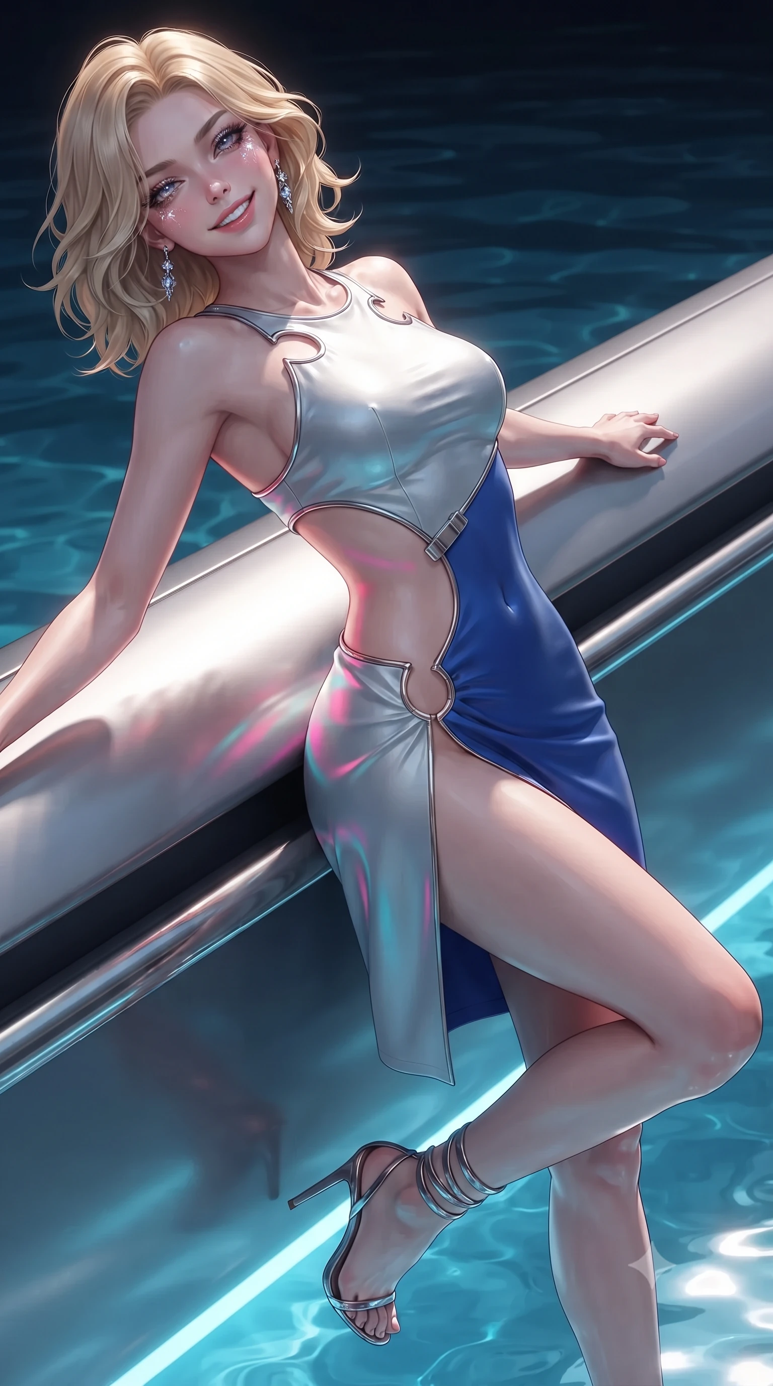 score_9, masterpiece, best quality, ultra-detailed, high-budget anime keyframe, editorial fashion photography, tasteful artistic composition, Caucasian woman. close-up cowboy shot from the waist and thighs up, the character dominates the composition, filling the frame with her large presence. leaning back against the balustrade with relaxed seductive grace, head tilted back slightly while casting a hypnotic, heavy-lidded gaze while twisting her slender torso in an alluring contrapposto stance, chromatic pink-and-cyan ocean caustics painting fluid light ribbons across her narrow waist and hips. The surrounding environment is rendered in vivid detail and crisp panoramic clarity: detailed haute-couture texture, wet-look liquid fabric drape, and sleek aerodynamic pontoon architecture in razor-sharp precision. She has an exceptionally elegant, slender, and willowy female figure with an ultra-slim waist, flat toned midriff, narrow ribcage, and sculpted feminine hips creating an alluring, slim hourglass silhouette without bulk. sharp v-shaped jawline, high-bridge nose, intricate jewel-like sparkling eyes with depth, thick eyelashes, glossy parted lips with a natural peach sheen, bright cheerful beaming smile with an enchanting and coquettish sensual glint, exuding both youthful cute charm and seductive allure, flawlessly proportioned anatomical accuracy, strict slender model proportions, natural body alignment, perfectly sculpted long slender limbs, ultra-slim waistline, clean dynamic posture without body distortion. wearing a provocative open-waist cutout mini dress framed by polished chrome hardware and thigh-high slit in Shackleton lunar ice silver and Earthrise cobalt, crafted from bespoke double-faced cashmere with an exceptionally soft tactile finish, complemented by strappy stiletto sandals with metallic ankle wraps accentuating her slender calves, the second-skin tailored fabric adhering flawlessly to her sculpted flat midriff and slender torso, emphasizing her long leg lines and perfectly proportioned willowy build. illuminated by chromatic liquid ocean reflection bounce and sharp rose-gold rim lights sculpting her razor-sharp jawline, narrow waist, and curvy hips. ultra-reflective glossy finish, specular highlights, rich textural contrasts, high-contrast stereoscopic depth, volumetric dynamic lighting, 2k, ultra detail, master piece, 9:16 ratio