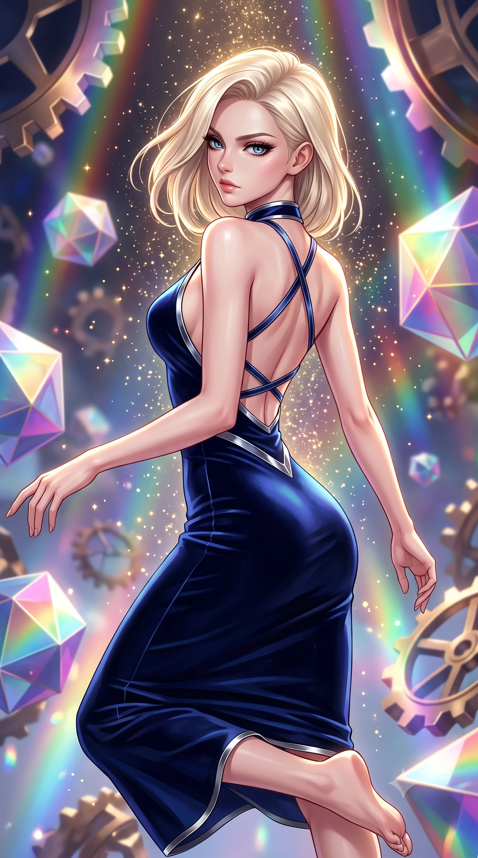score_9, masterpiece, best quality, ultra-detailed, high-budget anime keyframe, editorial fashion photography, tasteful artistic composition, Caucasian woman. close-up cowboy shot from the waist and thighs up, the character dominates the composition, filling the frame with her large presence, background elements kept in soft focus. Pivoting sharply while looking back over her shoulder with heavy lashes and a confident, intense gaze while leaping gracefully across floating polyhedral prism gears in an astral clockwork citadel, starlight particles falling like a golden shower around her dynamic silhouette. She has an exceptionally elegant, slender, and willowy female figure with an ultra-slim waist, a gracefully sculpted slender torso, and a refined silhouette. sharp v-shaped jawline, high-bridge nose, intricate jewel-like eyes with depth, thick eyelashes, glossy lips with a natural sheen, flawlessly proportioned anatomical accuracy, natural body alignment, perfectly sculpted elegant limbs, clean dynamic posture without body distortion. wearing a velvet halter-neck midi dress following her form like a glove in midnight navy blue and chrome trim, crafted from smooth liquid silk, complemented by criss-cross back straps highlighting her bare shoulders, the form-contouring material highlighting her ultra-slim waist and long lines. illuminated by cascading rainbow prismatic rays and rich metallic rim highlights. highly saturated vibrant anime colors, detailed shading with soft gradients, rich glossy textures, high-contrast stereoscopic depth, volumetric dynamic lighting, master piece, 9:16 ratio