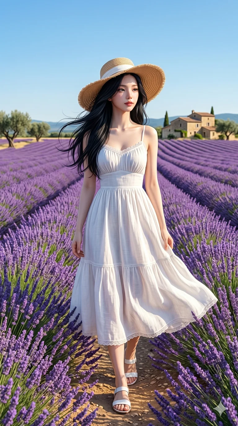 score_9, score_8_up, score_7_up, source_anime, masterpiece, best quality, ultra-detailed, same character with long flowing black hair, wearing a light and elegant white summer sundress and a wide-brimmed straw hat, full body shot walking peacefully through an endless blooming purple lavender field, beautiful provence countryside, bright sunny day, clear blue sky, 2k, 9:16 ratio