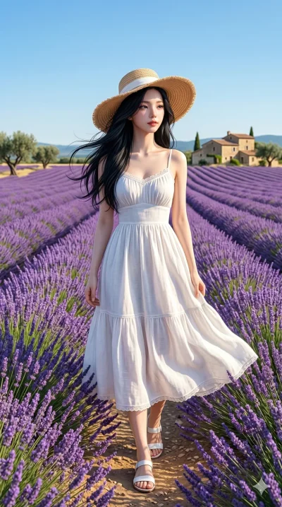 score_9, score_8_up, score_7_up, source_anime, masterpiece, best quality, ultra-detailed, same character with long flowing black hair, wearing a light and elegant white summer sundress and a wide-brimmed straw hat, full body shot walking peacefully t