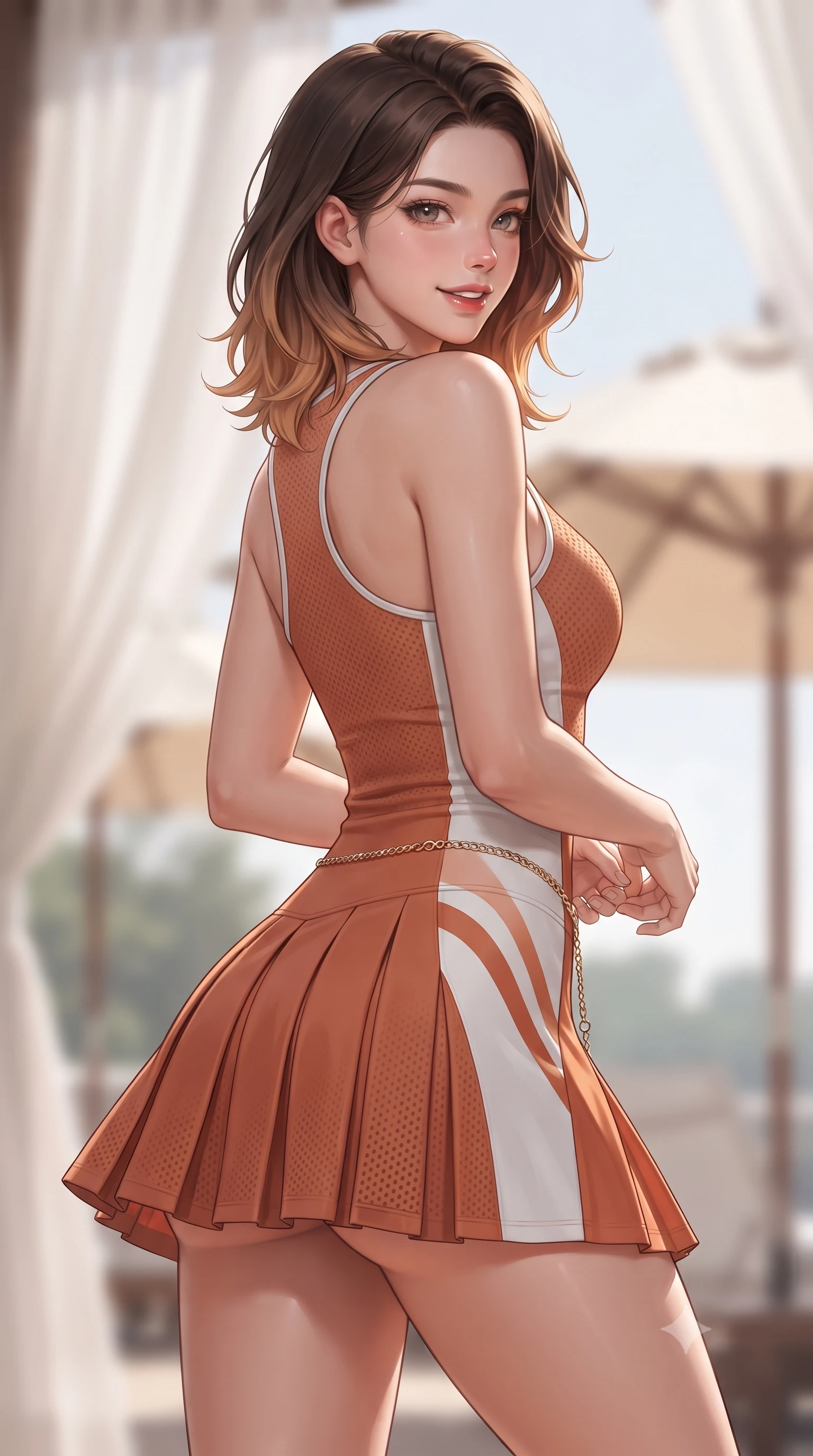 score_9, masterpiece, best quality, ultra-detailed, high-budget anime keyframe, editorial fashion photography, tasteful artistic composition, Korean woman. close-up cowboy shot from the waist and thighs up, the character dominates the composition, filling the frame with her large presence. posing in an alluring rear three-quarter angle, turning over a bare shoulder with an intoxicating gaze, her hips cocked back to highlight her slim hourglass curve against the paddock lights while twisting her slender torso in an alluring contrapposto stance, gentle ocean breezes from the nearby Atlantic fluttering her pleated mini-skirt. The background shows a soft-focus fluttering sheer pergola drapes and vintage canvas umbrella canopies softened in exclusive East Coast shallow focus. She has an exceptionally elegant, slender, and willowy female figure with an ultra-slim waist, flat toned midriff, narrow ribcage, and sculpted feminine hips creating an alluring, slim hourglass silhouette without bulk. sharp v-shaped jawline, high-bridge nose, sparkling eyes with athletic focus and depth, thick curled eyelashes, glossy parted lips with a natural coral-peach sheen, bright confident and coquettish smile with alluring bedroom-eyes, exuding both youthful sporty vigor and sovereign high-society glamour, flawlessly proportioned anatomical accuracy, strict slender model proportions, natural body alignment, perfectly sculpted long slender limbs, ultra-slim waistline, clean dynamic posture without body distortion. wearing a bodycon racerback athletic romper with high-cut leg openings and side racing stripe tape accentuating her curvy hips in classic clay-court terracotta and cloud white, woven from semi-opaque performance athletic mesh with hexagonal micro-perforations, accented with a delicate gold chain belt resting loosely on her curvy hips, the glove-like aerodynamic silhouette tightly following the natural contour of her hips and long slender legs with youthful 8.5-heads elegance. illuminated by lawn bounce fill and sharp platinum rim lights defining her razor-sharp jawline, narrow waist, and curvy hips. ultra-reflective glossy finish, specular highlights, rich textural contrasts, high-contrast stereoscopic depth, volumetric dynamic lighting, 2k, ultra detail, master piece, 9:16 ratio