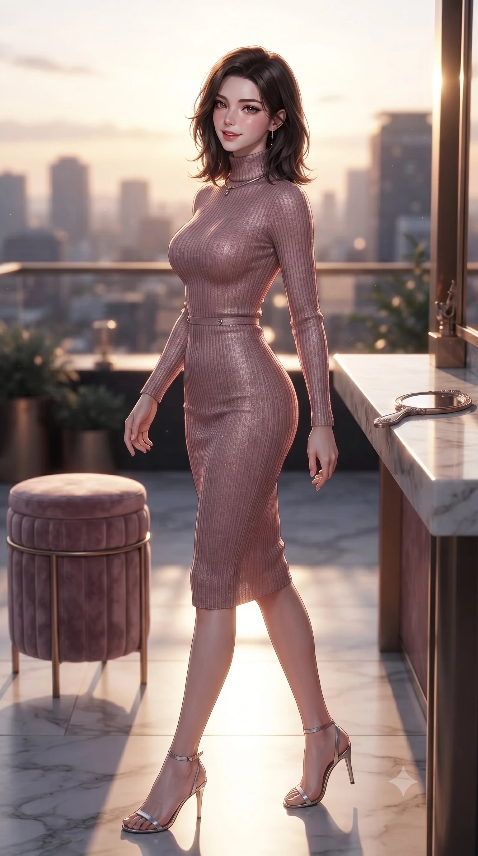 score_9, masterpiece, best quality, ultra-detailed, high-budget anime keyframe, editorial fashion photography, tasteful artistic composition, Korean woman. low angle full-body shot from head to toe showing her feet, filling the entire 9:16 vertical frame with her statuesque presence, stretching her vertical silhouette. strolling slowly through the moonlit veranda, turning her head with a tantalizing smile and a lingering gaze set against a soft-focus background of inside an exclusive rooftop terrace with a velvet-wrapped stool and an antique hand mirror resting on a marble counter. She has an absolutely perfect, statuesque 8.5-heads proportion, an exceptionally tall and slender model-like female figure with impossibly long slender legs and an ultra-slim waist. sharp v-shaped jawline, high-bridge nose, intricate jewel-like eyes with depth, thick eyelashes, glossy lips with a natural sheen. wearing body-hugging dusty rose semi-opaque chiffon form-fitting ribbed knit turtleneck dress outlining her slender silhouette accented with delicate silver hardware. bathed in warm golden hour sunbeams that cast long, romantic shadows across the floor. ultra-reflective glossy finish, specular highlights, metallic sheen, high-contrast stereoscopic depth, volumetric dynamic lighting, 2k, ultra detail, master piece, 9:16 ratio