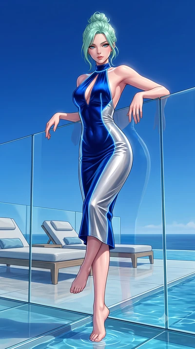 score_9, masterpiece, best quality, ultra-detailed, high-budget anime keyframe, semi-realistic 3D game render, editorial fashion photography, tasteful artistic composition, Japanese woman. low angle full-body shot from head to toe showing her feet, f