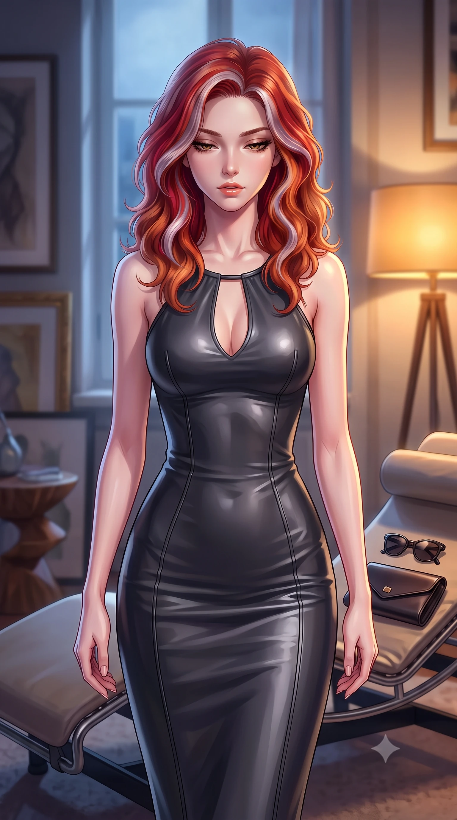 score_9, masterpiece, best quality, ultra-detailed, high-budget anime keyframe, editorial fashion photography, tasteful artistic composition, Caucasian woman. close-up cowboy shot from the waist and thighs up, the character dominates the composition, filling the frame with her large presence, background elements kept in soft focus. looking down at the viewer beneath lowered lashes with a quiet, smoldering confidence and parted lips set against a soft-focus background of inside an exclusive art atelier with a pair of designer sunglasses and a sleek leather clutch bag on the lounger. She has an exceptionally elegant, slender, and willowy female figure with an ultra-slim waist, a gracefully sculpted slender torso, and a refined silhouette. sharp v-shaped jawline, high-bridge nose, intricate jewel-like eyes with depth, thick eyelashes, glossy lips with a natural sheen. wearing form-contouring charcoal glossy leather body-hugging knit midi dress with a tasteful keyhole neckline cutout and thin shoulder straps featuring refined tailored seams. illuminated by soft silver moonlight contrasting with the warm amber glow of a nearby lamp. highly saturated vibrant anime colors, detailed shading with soft gradients, rich glossy textures, high-contrast stereoscopic depth, volumetric dynamic lighting, master piece, 9:16 ratio