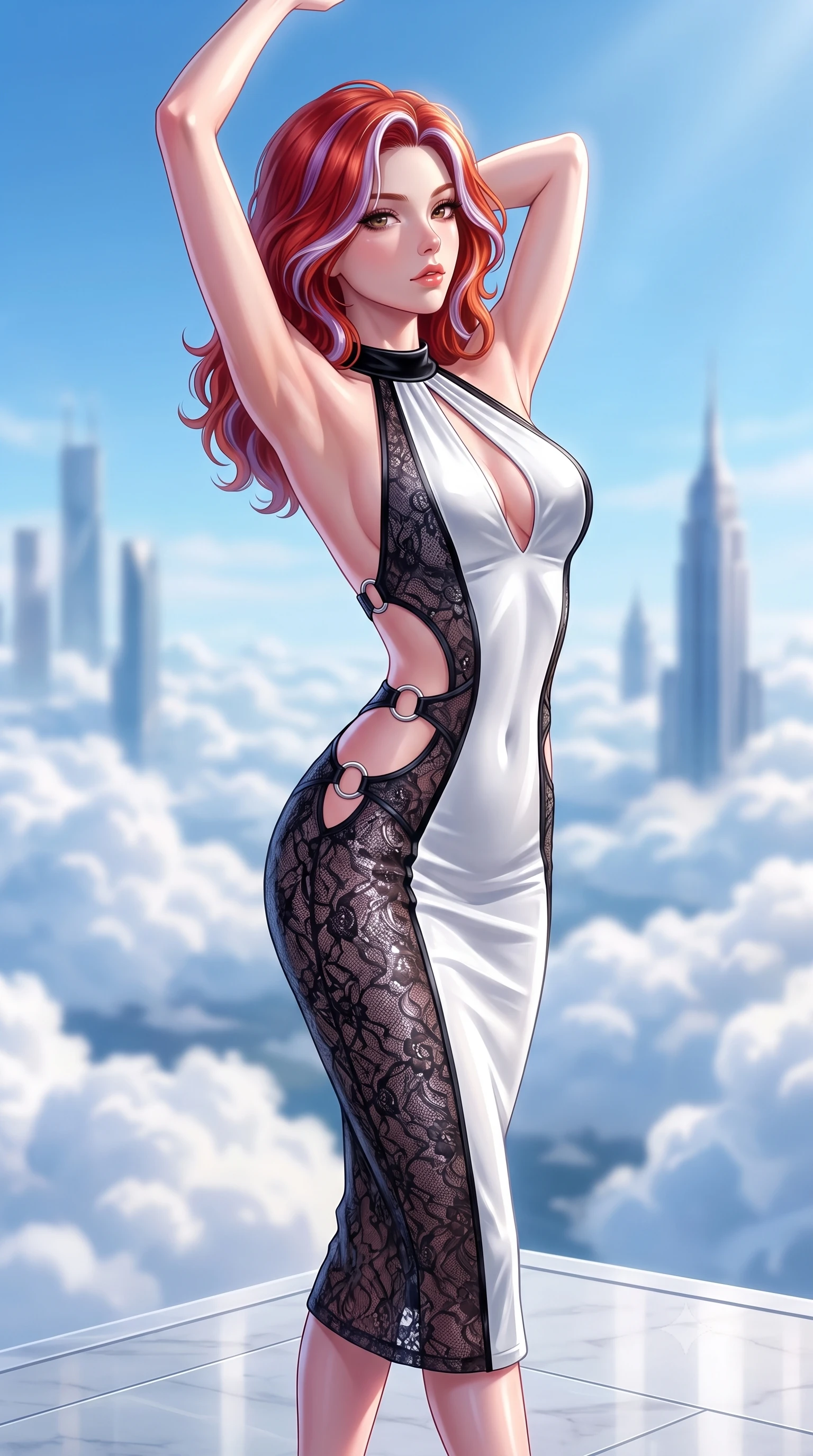 score_9, masterpiece, best quality, ultra-detailed, high-budget anime keyframe, semi-realistic 3D game render, editorial fashion photography, tasteful artistic composition, Caucasian woman. close-up cowboy shot from the waist and thighs up, the character dominates the composition, filling the frame with her large presence. extending one arm gracefully toward the light while her torso arches in a sleek, alluring curve with magnetic intensity while pivoting dynamically on a polished quartz terrace suspended above rolling white cumulus cloud banks. The composition keeps background elements in soft focus with creamy bokeh. fluffy rolling cloud seas and distant skyscraper spires blurred into clean, high-key sky-blue bokeh. She has an exceptionally elegant, slender, and willowy female figure with an ultra-slim waist, a gracefully sculpted slender torso, toned flat midriff, and a refined slim silhouette. sharp v-shaped jawline, high-bridge nose, intricate jewel-like eyes with depth, thick eyelashes, glossy lips with a natural sheen, flawlessly proportioned anatomical accuracy, strict slender model proportions, natural body alignment, perfectly sculpted long slender limbs, ultra-slim waistline, clean dynamic posture without body distortion. wearing a velvet halter-neck midi dress fitting her statuesque contour flawlessly with a Tasteful chest slit and open spine in high-gloss monochrome white and sharp black contrast, crafted from delicate dark lace interwoven with luminescent micro-fibers, detailed with polished silver rings connecting the daring side-waist cutouts, the glove-like aerodynamic second-skin fit tightly clinging to her ultra-slender waist and athletic curves without adding bulk, accentuating her razor-sharp statuesque lines and slim hourglass silhouette. illuminated by crisp specular highlights tracing her sculpted collarbones and waistline. highly saturated vibrant anime colors, detailed shading with soft gradients, rich glossy textures, high-contrast stereoscopic depth, volumetric dynamic lighting, master piece, 9:16 ratio