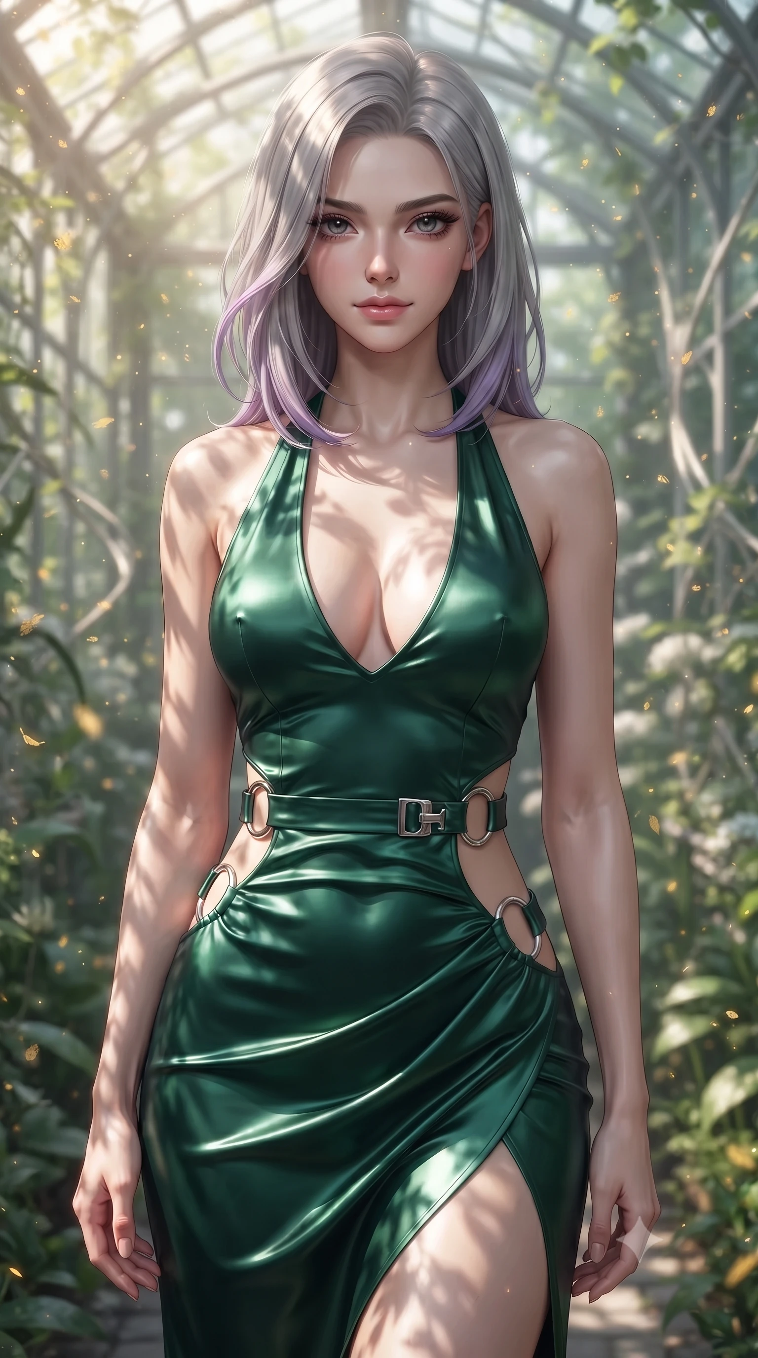 score_9, masterpiece, best quality, ultra-detailed, high-budget anime keyframe, editorial fashion photography, tasteful artistic composition, Caucasian woman. close-up cowboy shot from the waist and thighs up, the character dominates the composition, filling the frame with her large presence, background elements kept in soft focus. Smiling with quiet, magnetic self-assurance directly into the lens forging through an overgrown greenhouse filled with platinum wire lattices, glowing pollen particles drifting gracefully around her form. She has an exceptionally elegant, slender, and willowy female figure with an ultra-slim waist, a gracefully sculpted slender torso, and a refined silhouette. sharp v-shaped jawline, high-bridge nose, intricate jewel-like eyes with depth, thick eyelashes, glossy lips with a natural sheen. wearing a deep-scoop halter bodycon dress with hip cutouts connected by silver rings in deep emerald green and silver accent, crafted from lustrous satin jersey with fluid draping, detailed with polished silver buckles along the waistline, the sleek second-skin texture accentuating her magnetic presence. illuminated by brilliant sunbeams casting organic leaf stencil shadows. ultra-reflective glossy finish, specular highlights, metallic sheen, high-contrast stereoscopic depth, volumetric dynamic lighting, 2k, ultra detail, master piece, 9:16 ratio