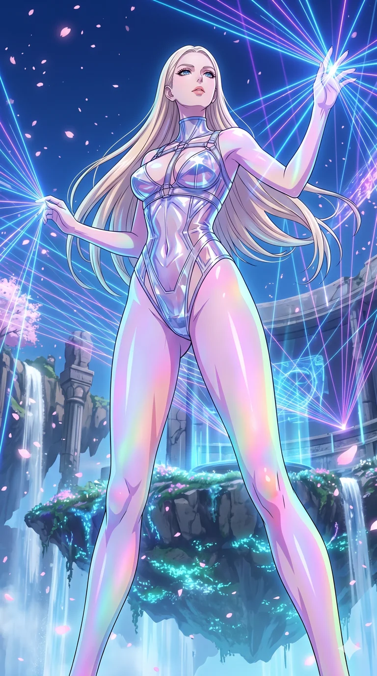 score_9, masterpiece, best quality, ultra-detailed, High-budget Anime Keyframe, vibrant colors, fluid line-art, expressive lighting, cinematic composition, Ufotable-style visual effects, top-tier animation quality, Caucasian woman with pale skin, blonde hair, and (strictly human ears). Low angle cowboy shot filling the entire 9:16 frame with her statuesque presence, looking up to emphasize her height. Orchestrating a complex symphony of laser lights and holographic projections in a grand futuristic concert hall. She has an absolutely perfect 8-heads proportion, an exceptionally tall and slender female figure with impossibly long slender legs and an ultra-slim waist, her statuesque height and towering silhouette dominating the vertical 9:16 frame. Her face is a masterpiece featuring a sharp v-shaped jawline, high-bridge nose, intricate jewel-like eyes with depth, thick eyelashes, and glossy lips with a natural sheen. She is wearing a Micro-bodysuit with a complex integrated harness system and high-cut leg lines crafted from Transparent PVC with a high-gloss finish that reveals the intricate layers beneath, featuring a crystalline structure that catches the light and reveals her slender frame. The scene is set in an ancient floating island with pink cherry blossoms falling like snow against a blue sky, illuminated by soft bioluminescent glow from the environment casting ethereal colors on her skin. 2k, ultra detail, master piece, 9:16 ratio