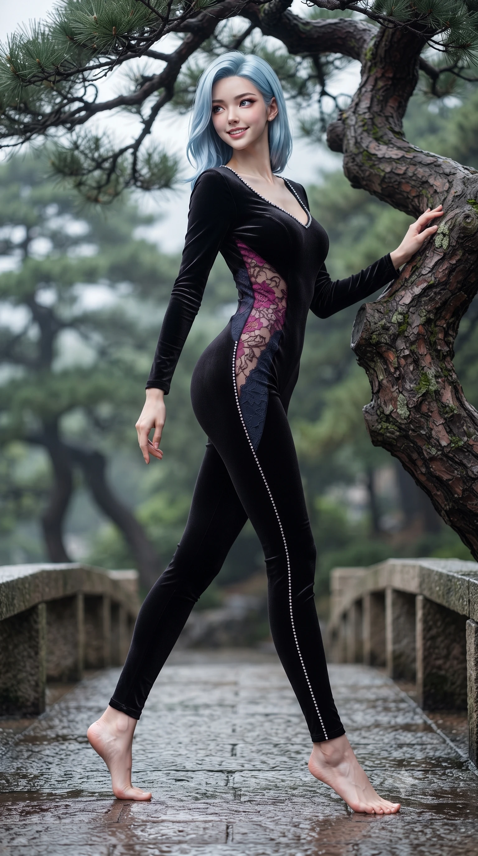 score_9, masterpiece, best quality, ultra-detailed, high-budget anime keyframe, editorial fashion photography, tasteful artistic composition, Korean woman. low angle full-body shot from head to toe showing her feet, filling the entire 9:16 vertical frame with her statuesque presence, stretching her vertical silhouette. stepping forward gracefully across the stone bridge in mid-motion with a radiant beaming smile, hips swaying in an alluring kinetic rhythm that accentuates her curvy hourglass silhouette and long slender legs while leaning against a gnarled ancient pine trunk with hips cocked back, looking over her shoulder with an alluring, wind-swept smile. The background shows a soft-focus twisted ancient Huangshan pine canopies softened in legendary ink-painting shallow focus. She has an absolutely perfect, statuesque 8.5-heads proportion, an exceptionally tall and slender model-like female figure with impossibly long slender legs, an ultra-slim waist, a flat toned midriff, narrow delicate ribcage, and beautifully sculpted feminine hips creating a graceful, slim hourglass silhouette without any bulky heaviness. sharp v-shaped jawline, high-bridge nose, intricate jewel-like dark sparkling almond eyes with depth, thick lashes, glossy parted lips with a natural rose-plum sheen, bright alluring and coquettish smile with bedroom-eyes, exuding both timeless oriental elegance and sovereign high-fashion allure, flawlessly proportioned anatomical accuracy, strict slender model proportions, natural body alignment, perfectly sculpted long slender limbs, ultra-slim waistline, clean dynamic posture without body distortion. wearing a second-skin black silk jersey catsuit with delicate oriental floral lace panels along the ribs and thighs in deep lotus magenta and matte midnight navy, crafted from sumptuous crushed winter velvet with deep light-absorbing plushness, finished with subtle crystal rhinestones tracing the elegant neckline, the form-fitting tailored bodice adhering flawlessly to her sculpted flat midriff and slender torso, emphasizing her long leg lines and perfectly proportioned willowy build. illuminated by white cloud bounce fill and sharp warm-gold rim lighting sculpting her razor-sharp jawline, narrow waist, and curvy hips. ultra-reflective glossy finish, specular highlights, rich textural contrasts, high-contrast stereoscopic depth, volumetric dynamic lighting, 2k, ultra detail, master piece, 9:16 ratio