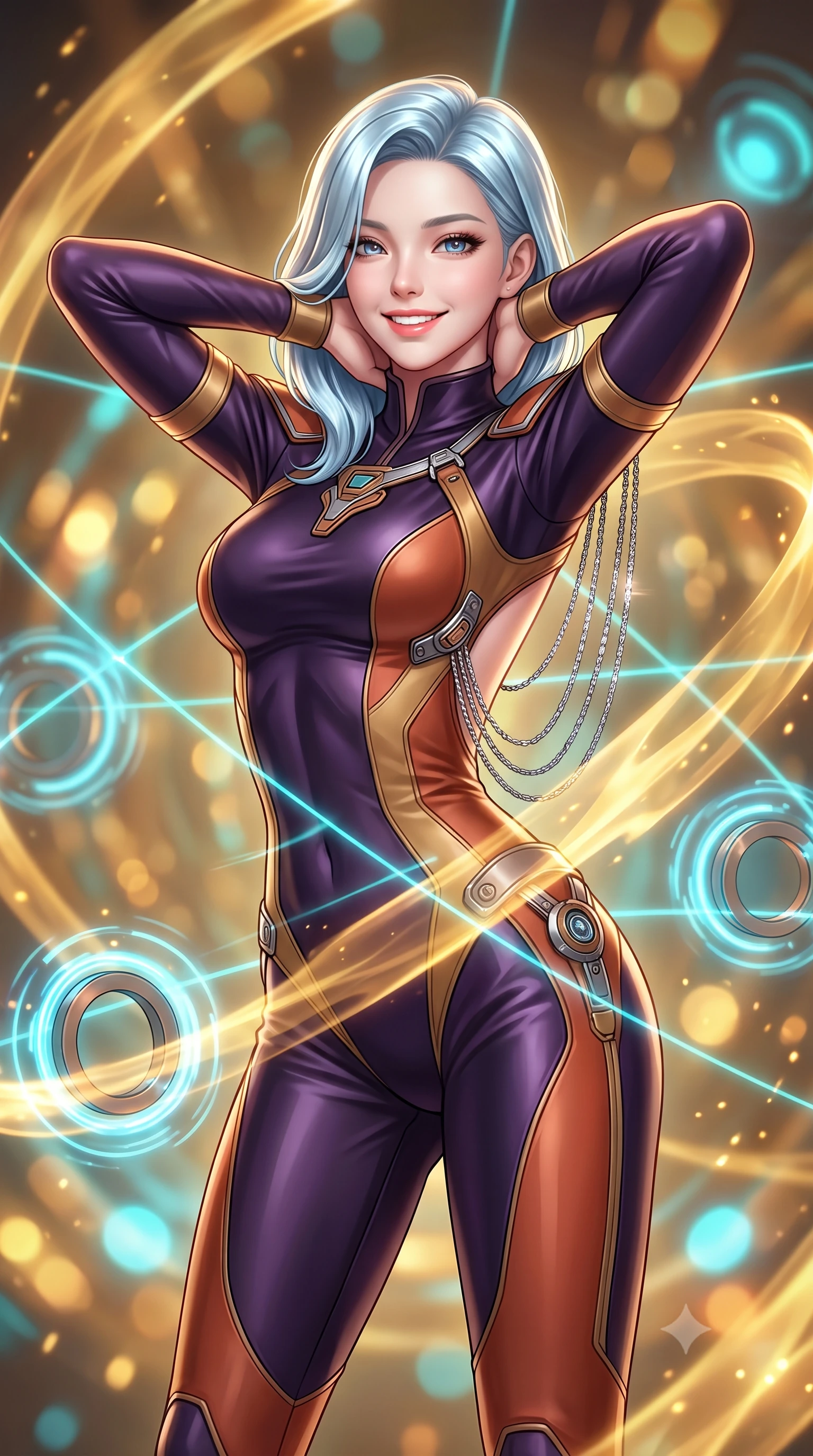 score_9, masterpiece, best quality, ultra-detailed, high-budget anime keyframe, semi-realistic 3D game render, editorial fashion photography, tasteful artistic composition, Korean woman. close-up cowboy shot from the waist and thighs up, the character dominates the composition, filling the frame with her large presence. resting both hands lightly behind her neck with elbows raised, arching her spine to highlight her narrow waist, flat midriff, and breathtaking collarbones while twisting her slender torso in an alluring S-curve, golden plasma ribbons and cyan laser containment fields criss-crossing across her flat midriff and hourglass curves. The background shows a soft-focus swirling sphere of molten golden plasma, circular magnetic coil rings pulsing with cyan light, and shimmering heat distortion ripples blurred into gold, amber, and cyan bokeh. She has an exceptionally elegant, slender, and willowy female figure with an ultra-slim waist, flat toned midriff, narrow ribcage, and sculpted feminine hips creating an alluring, slim hourglass silhouette without bulk. sharp v-shaped jawline, high-bridge nose, intricate jewel-like sparkling eyes with depth, thick eyelashes, glossy parted lips with a natural peach sheen, bright cheerful beaming smile with an enchanting and coquettish sensual glint, exuding both youthful cute charm and seductive allure, flawlessly proportioned anatomical accuracy, strict slender model proportions, natural body alignment, perfectly sculpted long slender limbs, ultra-slim waistline, clean dynamic posture without body distortion. wearing a form-fitting orbital flight command jumpsuit in dark purple liquid satin with a high collar, contouring tightly to her narrow waist and feminine hips in Martian desert terracotta and dust-storm gold, crafted from bespoke double-faced cashmere with an exceptionally soft tactile finish, accented with an open-back drape framed by falling strands of delicate chrome chains, the impeccably tailored cut draping gracefully along her slender figure with aristocratic poise. bathed in the blinding warm golden 3000K plasma radiance mixed with delicate cyan laser grid lines. highly saturated vibrant anime colors, detailed shading with soft gradients, rich glossy textures, high-contrast stereoscopic depth, volumetric dynamic lighting, master piece, 9:16 ratio