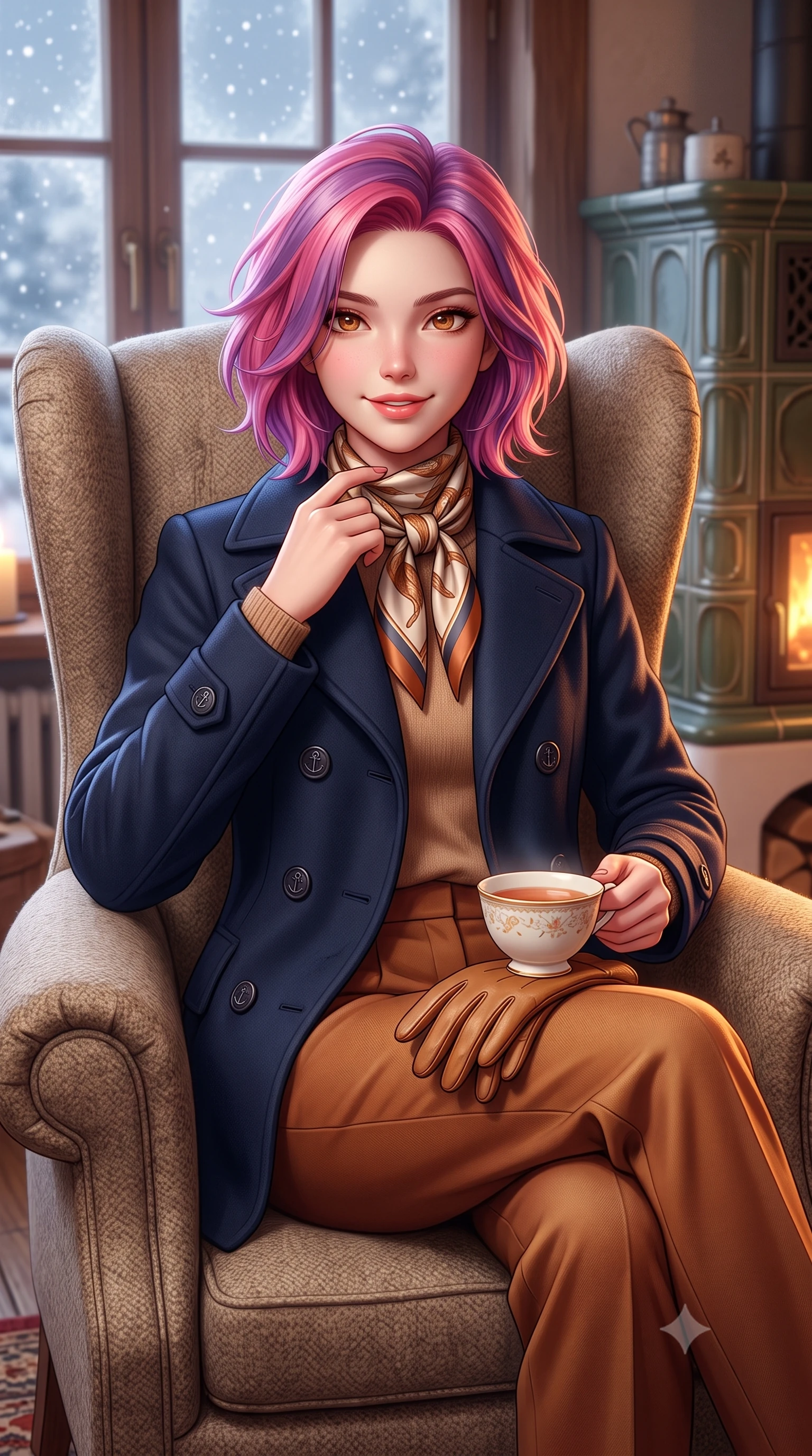 score_9, masterpiece, best quality, ultra-detailed, high-budget anime keyframe, semi-realistic 3D game render, editorial fashion photography, tasteful artistic composition, Caucasian woman. close-up cowboy shot from the waist and thighs up, the character dominates the composition, filling the frame with her large presence. touching her silk scarf with delicate fingertips while casting an affectionate, warm glance toward the lens while curled up comfortably in an oversized wool wingback chair beside a traditional ceramic tile stove, smiling warmly with teacup in hand. The background shows a soft-focus softly falling snowflakes outside frosted panes softened in intimate alpine winter hideaway shallow focus. She has an exceptionally elegant, slender, and willowy female figure with an ultra-slim waist, flat toned midriff, narrow ribcage, and sculpted feminine hips creating an alluring, slim hourglass silhouette without bulk. sharp v-shaped jawline, high-bridge nose, intricate jewel-like sparkling eyes with depth, thick eyelashes, glossy parted lips with a natural peach sheen, bright cheerful beaming smile with an enchanting and coquettish sensual glint, exuding both youthful cute charm and seductive allure, flawlessly proportioned anatomical accuracy, strict slender model proportions, natural body alignment, perfectly sculpted long slender limbs, ultra-slim waistline, clean dynamic posture without body distortion. wearing a navy tailored wool peacoat with anchor buttons layered over a soft merino wool sweater and pressed pleated slacks in warm winter cinnamon and toasted caramel, tailored from fine wool gabardine with crisp permanent pleats and sharp drape, complemented by buttery leather gloves held delicately in one manicured hand, the precision-cut high-waisted tailoring accentuating her ultra-slim waist and long slender leg line with immaculate aristocratic poise. bathed in cozy 2700K warm ambient candlelight and soft porcelain stove radiance combined with cool winter window light. highly saturated vibrant anime colors, detailed shading with soft gradients, rich glossy textures, high-contrast stereoscopic depth, volumetric dynamic lighting, master piece, 9:16 ratio