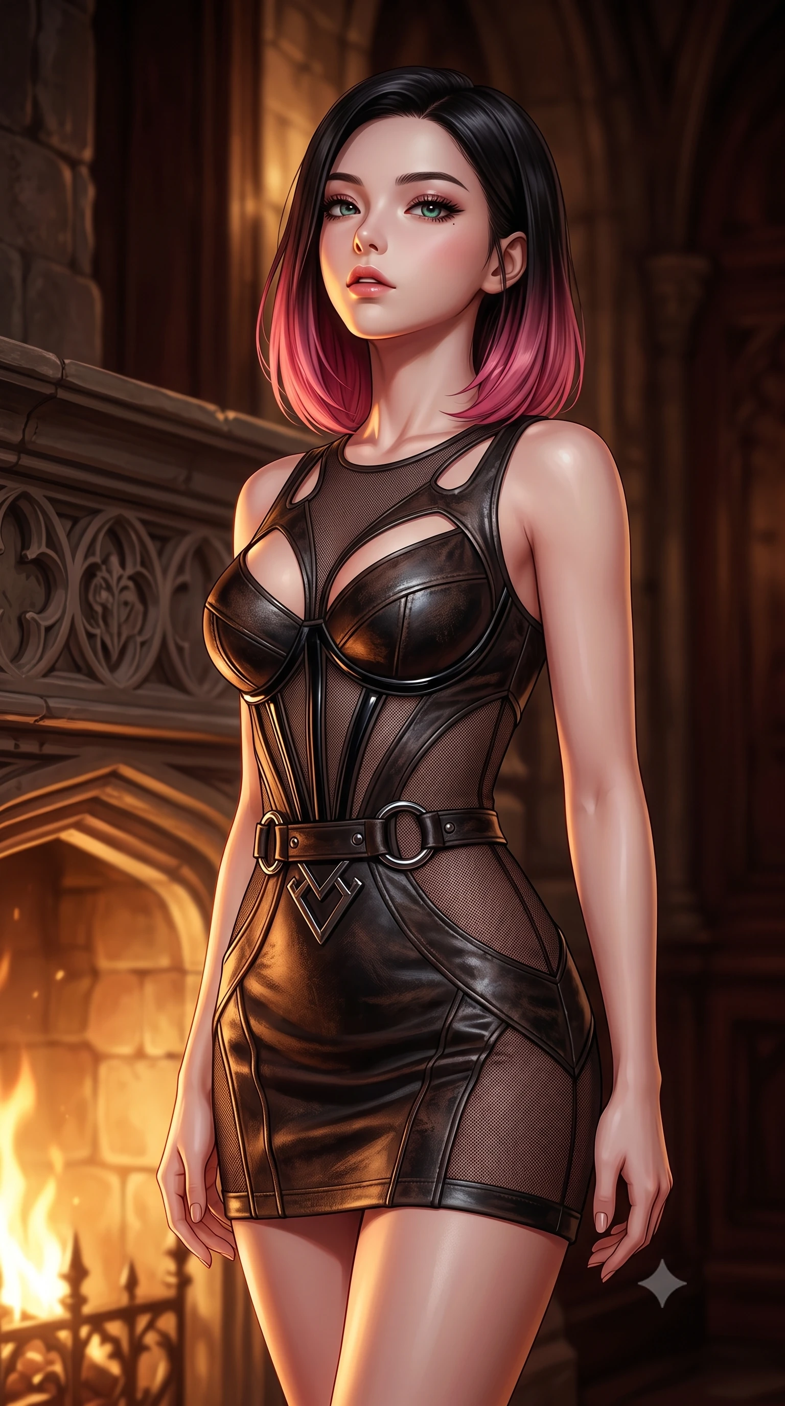 score_9, masterpiece, best quality, ultra-detailed, high-budget anime keyframe, editorial fashion photography, tasteful artistic composition, Korean woman. close-up cowboy shot from the waist and thighs up, the character dominates the composition, filling the frame with her large presence, background elements kept in soft focus. Tilting her chin up slightly with lips parted in a composed, magnetic expression, poised beside a carved stone hearth as warm golden firelight illuminates her face, cozy yet intensely sensual gothic atmosphere. She has an exceptionally elegant, slender, and willowy female figure with an ultra-slim waist, a gracefully sculpted slender torso, and a refined silhouette. sharp v-shaped jawline, high-bridge nose, intricate jewel-like eyes with depth, thick eyelashes, glossy lips with a natural sheen. wearing architectural cut-out dark leather mini dress with sculpted metallic boning in pitch-black onyx, made of fine dark contouring mesh, accented with sculpted obsidian chrome rings at the waist, sculpting her athletic slender build with refined precision. bathed in dramatic chiaroscuro with deep mahogany shadows swallowing background. highly saturated vibrant anime colors, detailed shading with soft gradients, rich glossy textures, high-contrast stereoscopic depth, volumetric dynamic lighting, master piece, 9:16 ratio