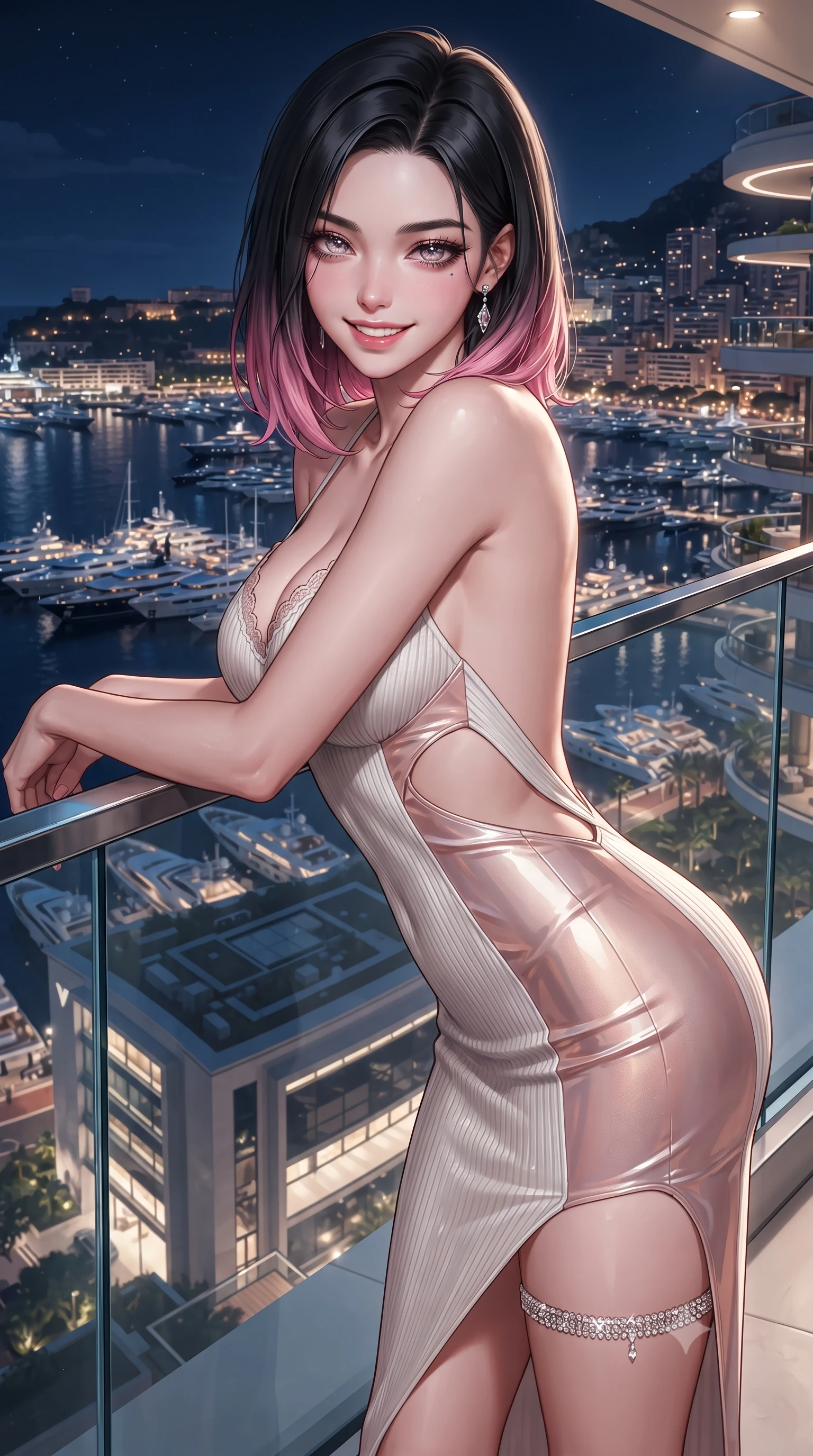 score_9, masterpiece, best quality, ultra-detailed, high-budget anime keyframe, editorial fashion photography, tasteful artistic composition, Korean woman. close-up cowboy shot from the waist and thighs up, the character dominates the composition, filling the frame with her large presence. resting one elbow on the table and supporting her chin, leaning close to the camera with heavy-lidded sparkling eyes and parted lips while resting both elbows on the sleek glass balcony parapet high above the harbor, arching her back with high-fashion ease overlooking illuminated yachts. The surrounding environment is rendered in vivid detail and crisp panoramic clarity: detailed backless silk halter dress drape, crystal thigh garter shine, and modern Monaco architecture in razor-sharp precision. She has an exceptionally elegant, slender, and willowy female figure with an ultra-slim waist, flat toned midriff, narrow ribcage, and sculpted feminine hips creating an alluring, slim hourglass silhouette without bulk. sharp v-shaped jawline, high-bridge nose, intricate jewel-like sparkling eyes with depth, thick eyelashes, glossy parted lips with a natural peach sheen, bright cheerful beaming smile with an enchanting and coquettish sensual glint, exuding both youthful cute charm and seductive allure, flawlessly proportioned anatomical accuracy, strict slender model proportions, natural body alignment, perfectly sculpted long slender limbs, ultra-slim waistline, clean dynamic posture without body distortion. wearing a form-contouring ribbed knit halter dress with side-torso hourglass cutouts and a tasteful chest slit in pure pearl alabaster and iridescent rose gold, crafted from wet-look high-gloss vinyl fabric with dazzling specular surface reflections, finished with scalloped eyelash lace trim framing her sweetheart neckline with intimate elegance, the precision-cut side openings and low-back scoop framing her graceful spine and the sensual sweep of her slim, toned hips. illuminated by interior architectural cove downlights and crisp silver-cyan rim lights defining her jawline, narrow waist, and feminine hips. ultra-reflective glossy finish, specular highlights, rich textural contrasts, high-contrast stereoscopic depth, volumetric dynamic lighting, 2k, ultra detail, master piece, 9:16 ratio