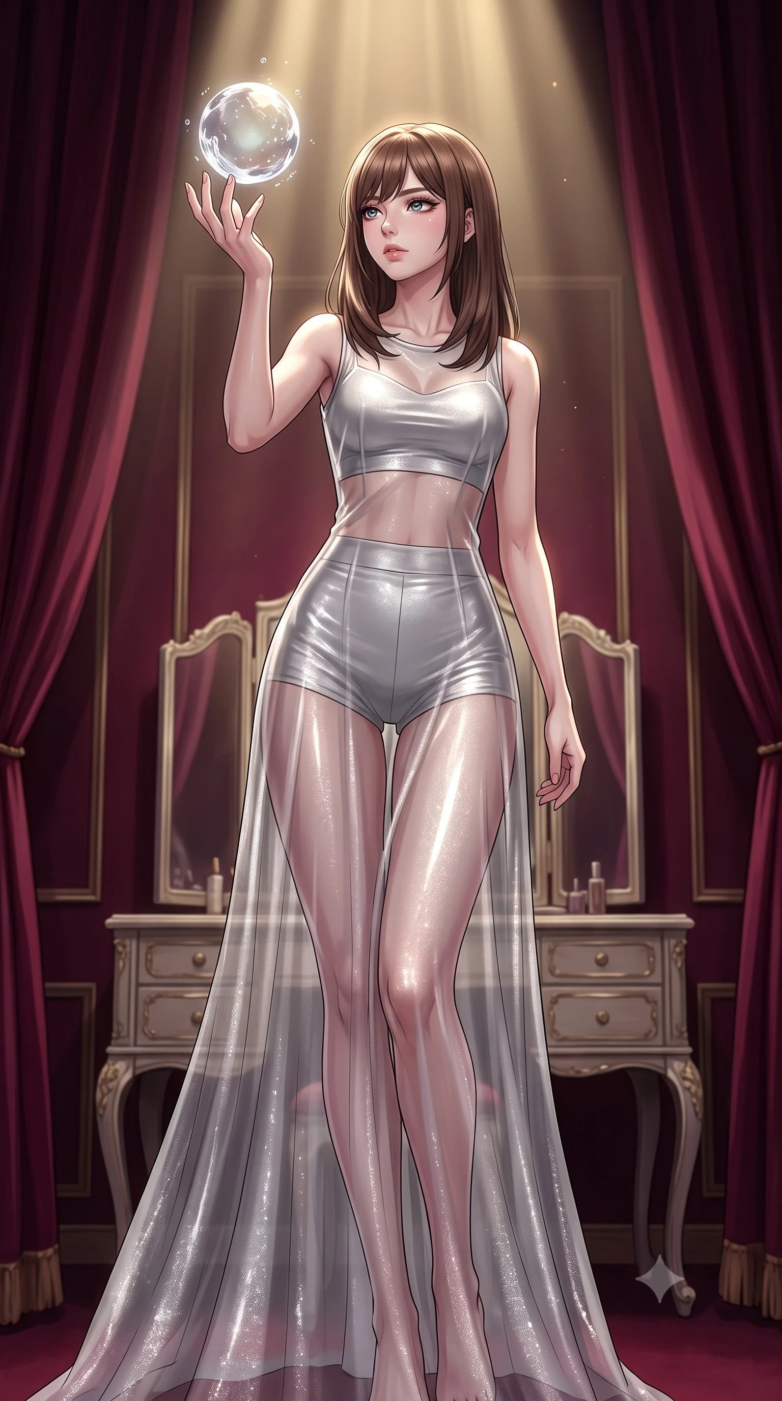 score_9, masterpiece, best quality, ultra-detailed, High-budget Anime Keyframe, East Asian woman. Low angle cowboy shot filling the entire 9:16 frame with her statuesque presence. Scenario 474: reaching out to catch a floating sphere of liquid light in a velvet-lined dressing room illuminated by soft golden spotlights. Her presence is magnetic and overpowering in this high-budget anime scene. Outfit 474: a body-hugging liquid silver shimmering chiffon gown worn over an opaque crop top and high-waisted shorts. The clothing is designed to emphasize her exceptionally tall and slender 8-heads proportion. 8-heads proportion, towering silhouette, ultra-slim waist. sharp v-shaped jawline, intricate jewel-like eyes with depth, thick eyelashes, glossy lips. 2k, ultra detail, master piece, 9:16 ratio
