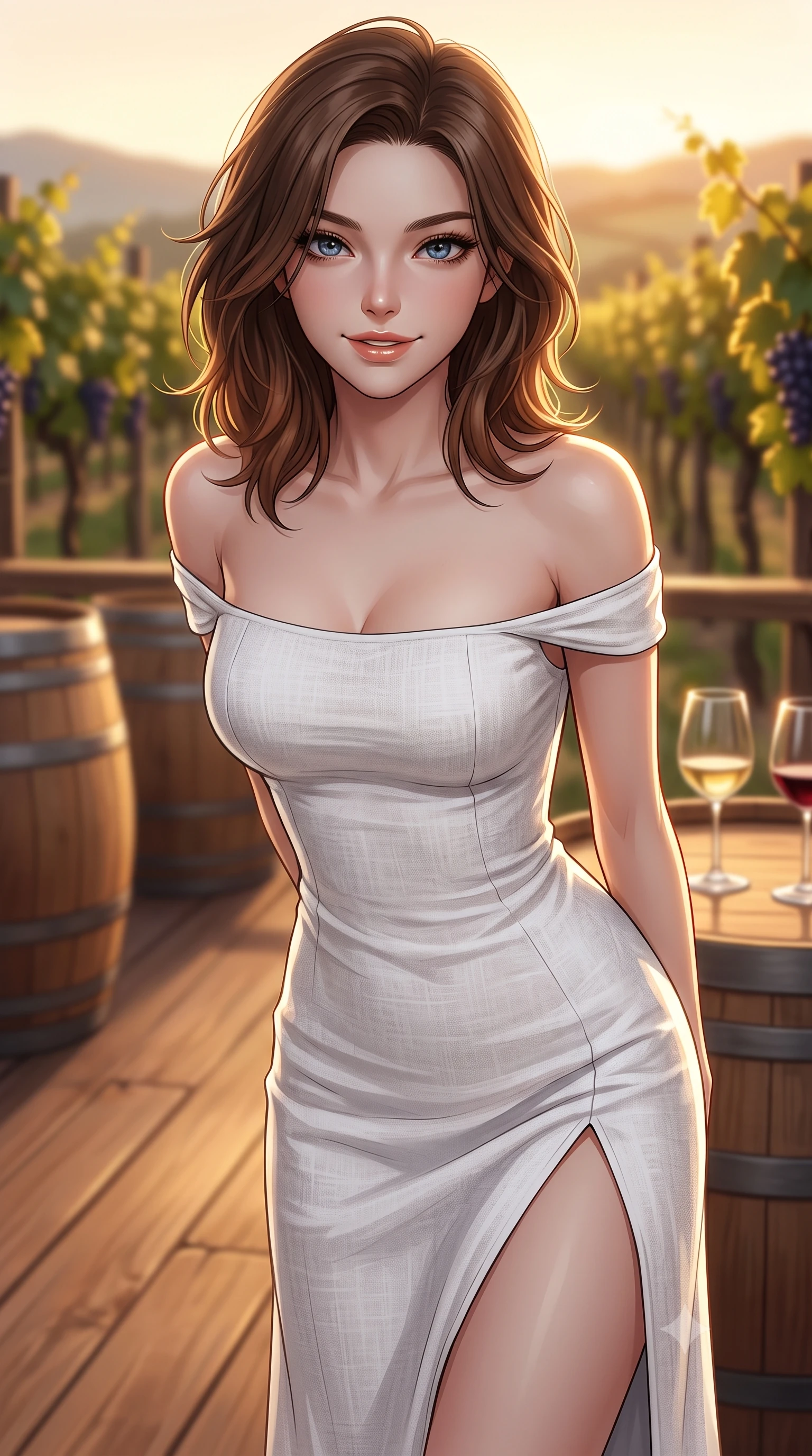 score_9, masterpiece, best quality, ultra-detailed, high-budget anime keyframe, editorial fashion photography, tasteful artistic composition, Korean woman woman. close-up cowboy shot from the waist and thighs up, the character dominates the composition, filling the frame with her large presence, background elements kept in soft focus. leaning slightly forward with a playful, teasing smile, her gaze locked onto the viewer the background shows a soft-focus a wooden terrace of a vineyard winery, with wooden barrels and grapevines in soft focus. She has an exceptionally elegant, slender, and willowy female figure with an ultra-slim waist, a gracefully sculpted slender torso, and a refined silhouette. sharp v-shaped jawline, high-bridge nose, intricate jewel-like eyes with depth, thick eyelashes, glossy lips with a natural sheen. wearing a slim-fit off-shoulder white linen summer dress featuring a high side slit ascending to mid-thigh. warm golden hour light tracing the grapevines and wine glasses in a golden rim light. 2k, ultra detail, master piece, 9:16 ratio