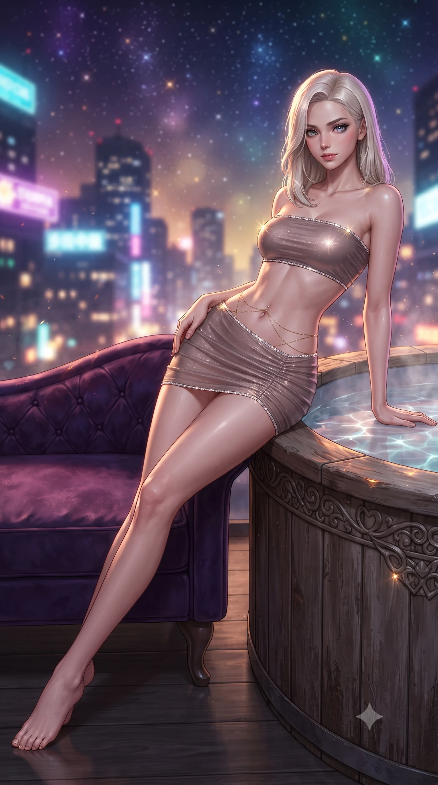 score_9, masterpiece, best quality, ultra-detailed, high-budget anime keyframe, editorial fashion photography, tasteful artistic composition, Caucasian woman. low angle full-body shot from head to toe showing her feet, filling the entire 9:16 vertical frame with her statuesque presence, stretching her vertical silhouette. reclining gracefully across the plush velvet chaise lounge with one leg extended, her sculpted silhouette and flat midriff radiating magnetic nocturnal glamour while leaning against the rustic cedar tub rim with hips cocked back, looking into the lens with an intoxicating, smoldering half-smile. The background shows a soft-focus the sparkling tapestry of metropolitan city lights, neon signage, and starry night sky blurred into violet, amber, and aquamarine bokeh. She has an absolutely perfect, statuesque 8.5-heads proportion, an exceptionally tall and slender model-like female figure with impossibly long slender legs, an ultra-slim waist, a flat toned midriff, narrow delicate ribcage, and beautifully sculpted feminine hips creating a graceful, slim hourglass silhouette without any bulky heaviness. sharp v-shaped jawline, high-bridge nose, sparkling eyes with hypnotic seductive depth, thick curled eyelashes, glossy parted lips with a natural dewy peach sheen, alluring bedroom-eyes with an enchanting coquettish smile, exuding magnetic siren charisma and sophisticated high-fashion glamour, flawlessly proportioned anatomical accuracy, strict slender model proportions, natural body alignment, perfectly sculpted long slender limbs, ultra-slim waistline, clean dynamic posture without body distortion. wearing a liquid metallic lamé bandeau top paired with a curve-accentuating ruched low-rise mini skirt in sheer dusky champagne and glistening crystal trims, woven from stretch metallic lurex jersey casting radiant starlight glints across her silhouette, accented with a dainty gold belly chain resting across her flat midriff and curving hips, the second-skin tailored fabric adhering flawlessly to her sculpted flat midriff and slender torso, emphasizing her long leg lines and perfectly proportioned willowy build. illuminated by hot tub water caustics and sharp amber rim lighting sculpting her razor-sharp jawline, narrow waist, and curvy hips. ultra-reflective glossy finish, specular highlights, rich textural contrasts, high-contrast stereoscopic depth, volumetric dynamic lighting, 2k, ultra detail, master piece, 9:16 ratio