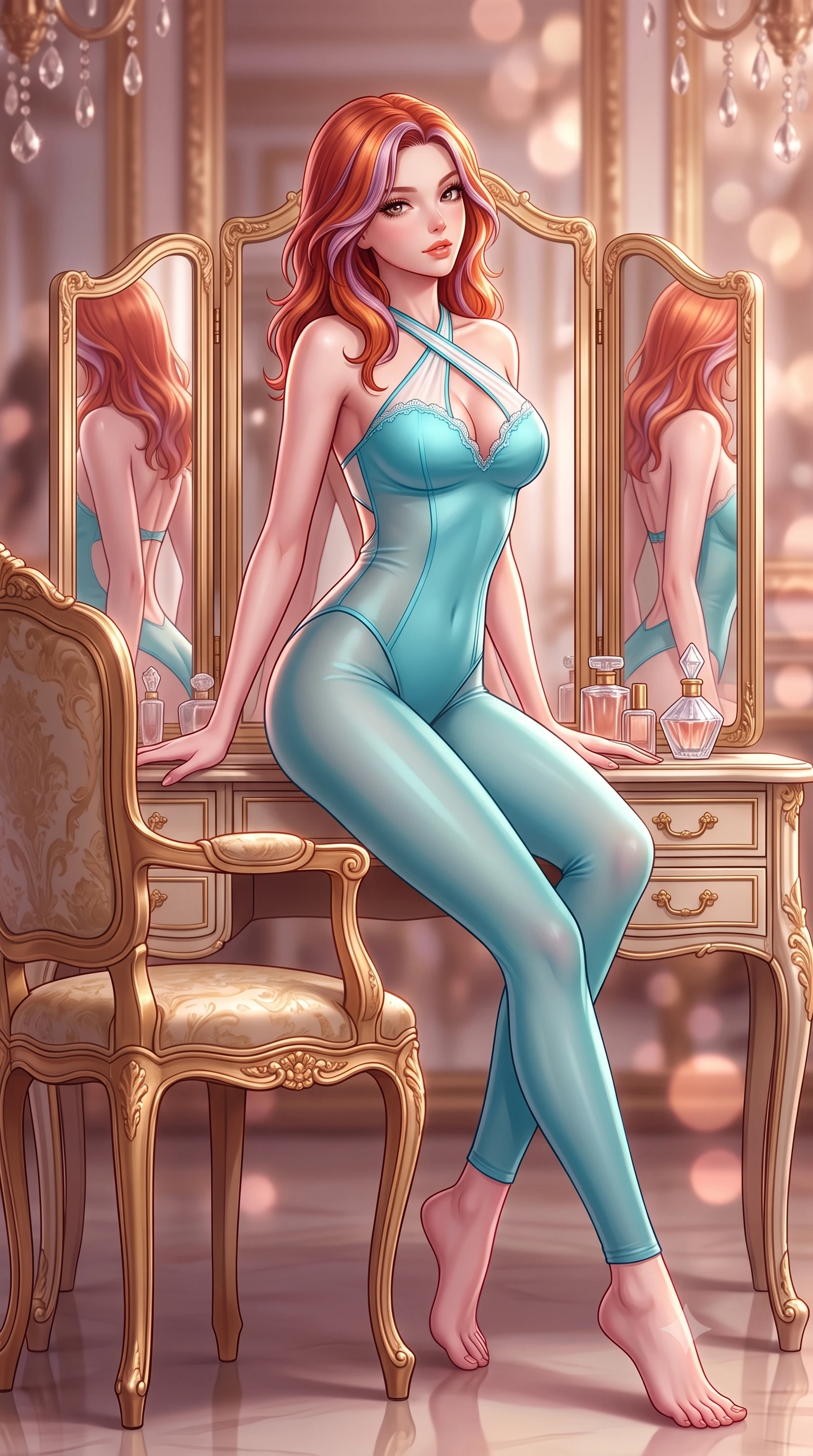 score_9, masterpiece, best quality, ultra-detailed, high-budget anime keyframe, semi-realistic 3D game render, editorial fashion photography, tasteful artistic composition, Caucasian woman. low angle full-body shot from head to toe showing her feet, filling the entire 9:16 vertical frame with her statuesque presence, stretching her vertical silhouette. executing a slow, graceful pivot turn as her skirt sways around her slender legs, glancing back with an enchanting, teasing sensual expression while sitting poised at the antique gilded trifold vanity mirror, arching her back with seductive indulgence as multiple reflections capture her curves. The background shows a soft-focus infinite mirror reflections of gilded rococo frames, perfume crystal bottles on vanity table, and chandelier drops blurred into rose-gold, blush, and champagne bokeh. She has an absolutely perfect, statuesque 8.5-heads proportion, an exceptionally tall and slender model-like female figure with impossibly long slender legs, an ultra-slim waist, a flat toned midriff, narrow delicate ribcage, and beautifully sculpted feminine hips creating a graceful, slim hourglass silhouette without any bulky heaviness. sharp v-shaped jawline, high-bridge nose, sparkling eyes with hypnotic seductive depth, thick curled eyelashes, glossy parted lips with a natural dewy peach sheen, alluring bedroom-eyes with an enchanting coquettish smile, exuding magnetic siren charisma and sophisticated glamour, flawlessly proportioned anatomical accuracy, strict slender model proportions, natural body alignment, perfectly sculpted long slender limbs, ultra-slim waistline, clean dynamic posture without body distortion. wearing a criss-cross halterneck keyhole bodysuit with open back and sculpted waist darts in Capri turquoise and pure pearl white, made of semi-opaque stretch illusion mesh with soft shadowy contours, finished with scalloped eyelash lace trim framing her sweetheart neckline with intimate elegance, the glove-like clinging cut tightly following the natural contour of her hips and long slender legs with youthful 8.5-heads elegance. illuminated by trifold mirror reflection bounce and sharp rose-gold rim lights defining her jawline, flat midriff, and voluptuous hip curves. highly saturated vibrant anime colors, detailed shading with soft gradients, rich glossy textures, high-contrast stereoscopic depth, volumetric dynamic lighting, master piece, 9:16 ratio