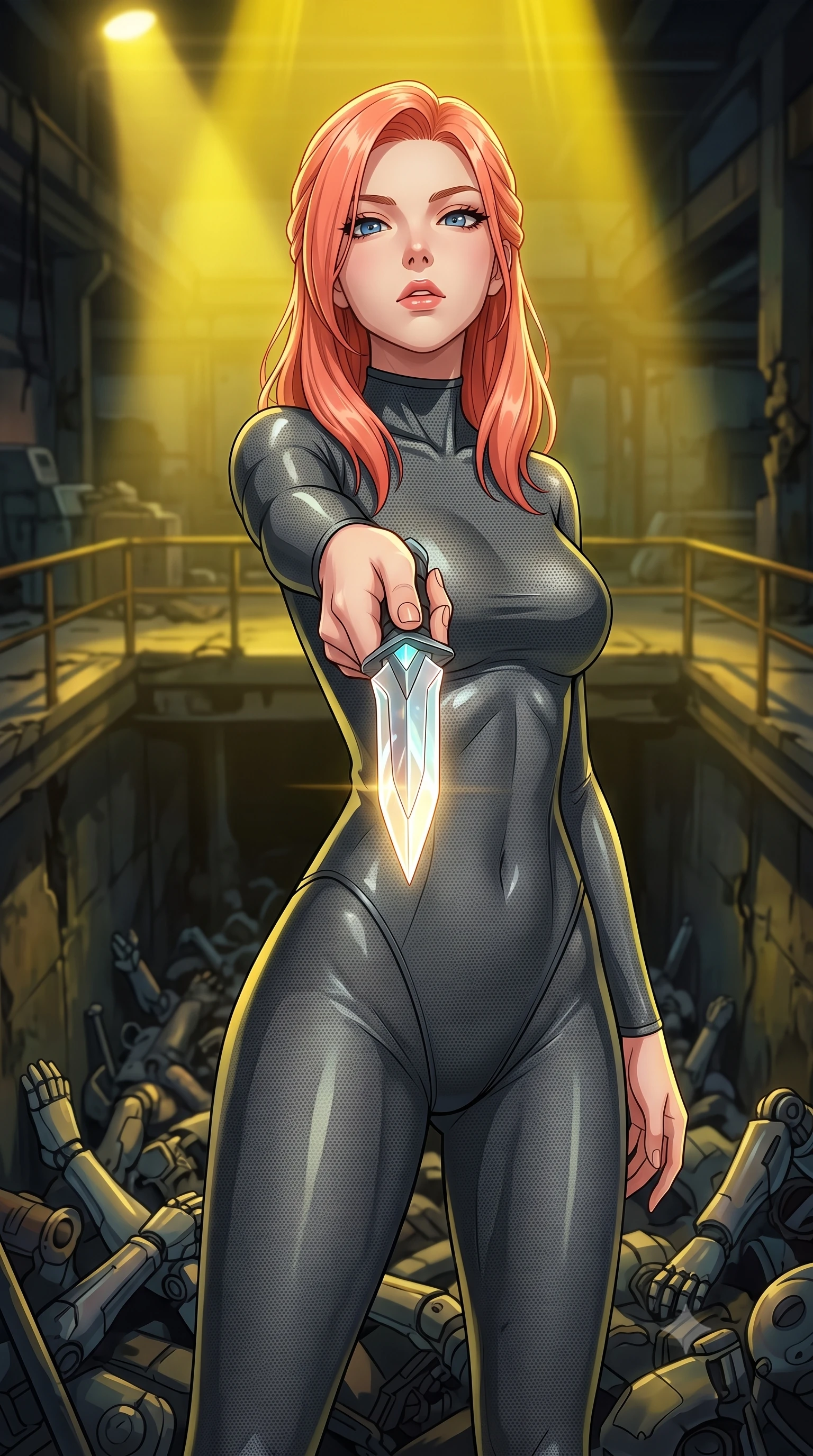 score_9, masterpiece, best quality, ultra-detailed, high-budget anime keyframe, editorial fashion photography, tasteful artistic composition, Japanese woman. close-up cowboy shot from the waist and thighs up, the character dominates the composition, filling the frame with her large presence, background elements kept in soft focus. pointing a crystal-edged laser dagger forward in a defensive stance, tilting her chin up slightly with lips parted in a composed pose, the background shows a soft-focus a ruined factory catwalk overlooking a pit of discarded cybernetic limbs. She has an exceptionally elegant, slender, and willowy female figure with an ultra-slim waist, a gracefully sculpted slender torso, and a refined silhouette. sharp v-shaped jawline, high-bridge nose, intricate jewel-like eyes with depth, thick eyelashes, glossy lips with a natural sheen. wearing a slim-fit form-fitting dark grey nano-mesh bodysuit with a high-neck collar, tracing her slender waist and hips. harsh sodium yellow spotlights casting dramatic industrial shadows down below. highly saturated vibrant anime colors, detailed shading with soft gradients, rich glossy textures, high-contrast stereoscopic depth, volumetric dynamic lighting, master piece, 9:16 ratio