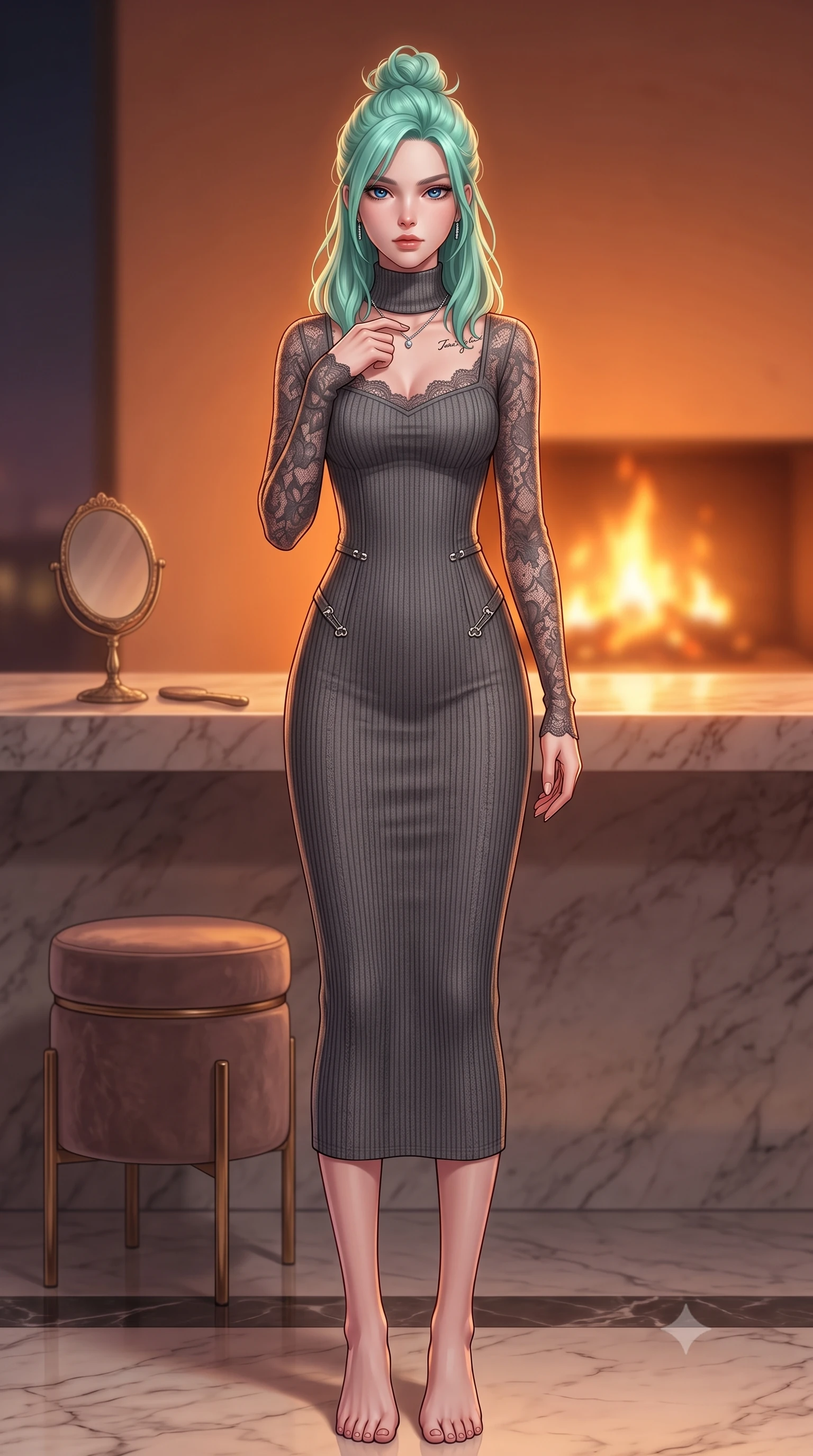 score_9, masterpiece, best quality, ultra-detailed, high-budget anime keyframe, editorial fashion photography, tasteful artistic composition, Japanese woman. low angle full-body shot from head to toe showing her feet, filling the entire 9:16 vertical frame with her statuesque presence, stretching her vertical silhouette. standing tall with statuesque grace, tracing a single finger down her necklace with a smoldering, magnetic expression set against a soft-focus background of inside an exclusive rooftop terrace with a velvet-wrapped stool and an antique hand mirror resting on a marble counter. She has an absolutely perfect, statuesque 8.5-heads proportion, an exceptionally tall and slender model-like female figure with impossibly long slender legs and an ultra-slim waist. sharp v-shaped jawline, high-bridge nose, intricate jewel-like eyes with depth, thick eyelashes, glossy lips with a natural sheen. wearing slim-fit charcoal delicate lace form-fitting ribbed knit turtleneck dress outlining her slender silhouette accented with delicate silver hardware. bathed in cozy, flickering fireplace light that paints the room in a warm orange wash. highly saturated vibrant anime colors, detailed shading with soft gradients, rich glossy textures, high-contrast stereoscopic depth, volumetric dynamic lighting, master piece, 9:16 ratio