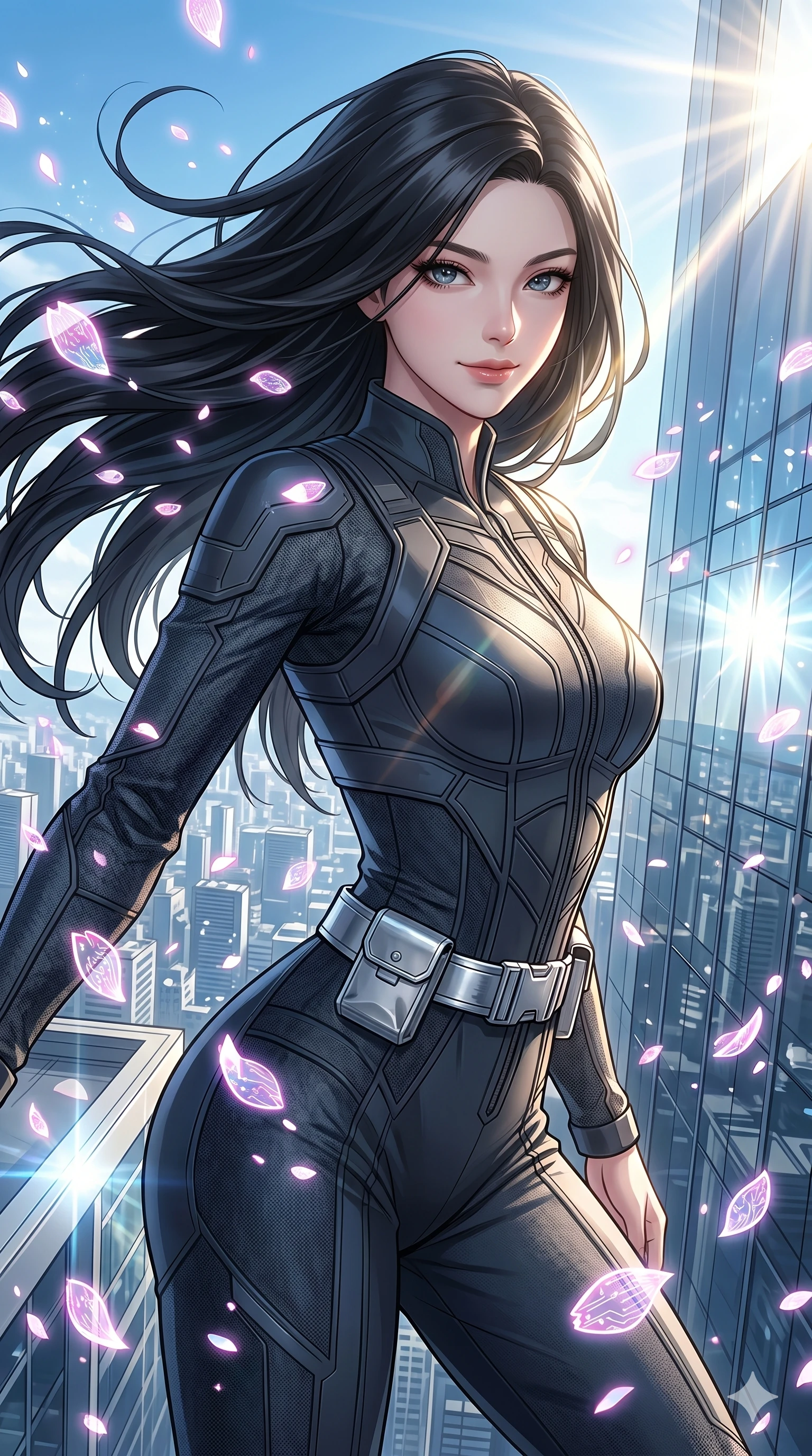 score_9, masterpiece, best quality, ultra-detailed, high-budget anime keyframe, editorial fashion photography, tasteful artistic composition, Korean woman. Upper body close-up from the thighs up, character filling the screen for maximum presence. She is standing on the edge of a skyscraper, her hair and clothes whipping in the wind as cybernetic sakura petals blizzard around. She twists her upper body dramatically with a confident half-smile. She has an absolutely perfect 8-heads proportion, a tall and elegant figure with a refined silhouette and a defined waistline. V-shaped jawline, high-bridge nose, intricate jewel-like eyes with depth, thick eyelashes, glossy lips with a natural sheen. She is wearing a high-fashion tech-jumpsuit featuring structured panel overlays across the torso and shoulders, accented by a metallic silver utility belt and textured fabric sleeves. The scene is bathed in brilliant morning sunlight and sharp sun rays reflecting off distant glass skyscrapers. 2k, ultra detail, master piece, 9:16 ratio