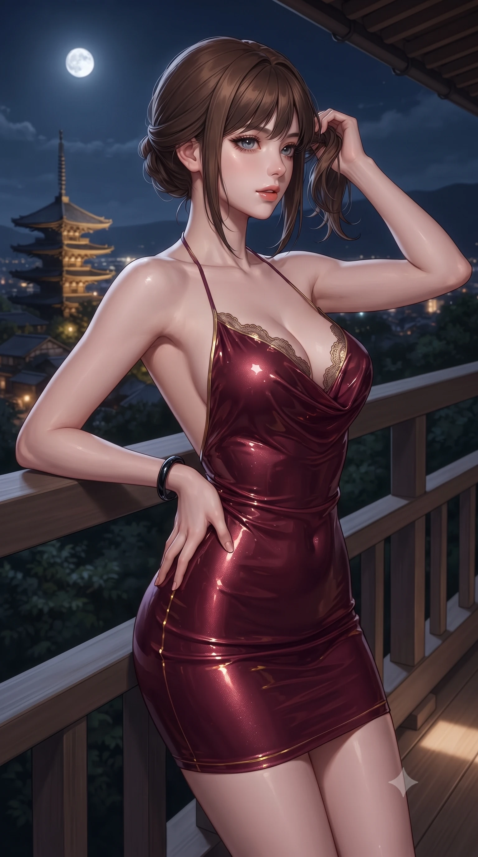 score_9, masterpiece, best quality, ultra-detailed, high-budget anime keyframe, editorial fashion photography, tasteful artistic composition, Korean woman. close-up cowboy shot from the waist and thighs up, the character dominates the composition, filling the frame with her large presence. twisting her slender torso in an alluring contrapposto stance, one hand resting on her sculpted hip while her fingers toy with her hair with effortless poise while leaning against the minimalist timber balustrade with hips cocked back, looking toward the distant illuminated Yasaka Pagoda with smoldering eyes. The surrounding environment is rendered in vivid detail and crisp panoramic clarity: detailed plunging cowl-neck liquid silk gown drape, obsidian wrist bangle gleam, and Japanese hillside villa design in high resolution. She has an exceptionally elegant, slender, and willowy female figure with an ultra-slim waist, flat toned midriff, narrow ribcage, and sculpted feminine hips creating an alluring, slim hourglass silhouette without bulk. sharp v-shaped jawline, high-bridge nose, sparkling eyes with hypnotic seductive depth, thick curled eyelashes, glossy parted lips with a natural dewy peach sheen, alluring bedroom-eyes with an enchanting coquettish smile, exuding magnetic siren charisma and sophisticated glamour, flawlessly proportioned anatomical accuracy, strict slender model proportions, natural body alignment, perfectly sculpted long slender limbs, ultra-slim waistline, clean dynamic posture without body distortion. wearing a backless halterneck column mini dress in shimmering liquid vinyl clinging like a second skin in Belle Époque bordeaux and gilded 24k gold, crafted from fluid liquid silk satin that clings smoothly to every curve with a dewy sheen, finished with scalloped eyelash lace trim framing her sweetheart neckline with intimate elegance, the form-contouring silhouette accentuating her sculpted flat midriff, narrow delicate ribcage, and gracefully curvy hips with intoxicating allure. bathed in soft low-voltage floor wash lighting combined with distant city glow and silver full moonlight. ultra-reflective glossy finish, specular highlights, rich textural contrasts, high-contrast stereoscopic depth, volumetric dynamic lighting, 2k, ultra detail, master piece, 9:16 ratio