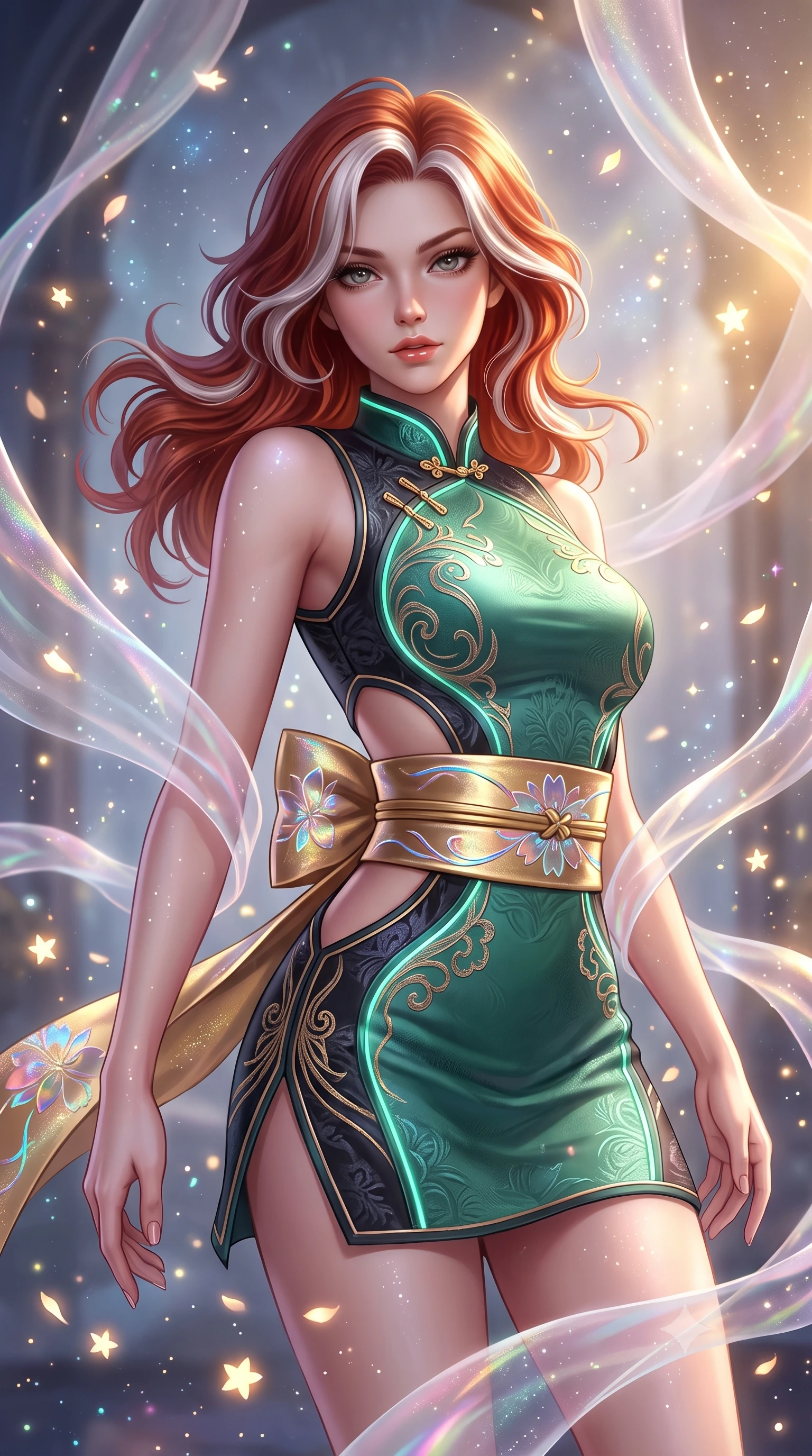 score_9, masterpiece, best quality, ultra-detailed, high-budget anime keyframe, semi-realistic 3D game render, editorial fashion photography, tasteful artistic composition, Caucasian woman. close-up cowboy shot from the waist and thighs up, the character dominates the composition, filling the frame with her large presence. radiating intense magnetic charisma with jewel-like eyes locked onto the viewer, her upper body turning in a dynamic, fluid S-curve while floating weightlessly in a celestial sanctuary chamber where endless translucent silk ribbons and glowing star petals drift in zero gravity. The composition keeps background elements in soft focus with creamy bokeh. glowing starlight flecks and iridescent fabric sparkles scattering cosmic radiant light motes. She has an exceptionally elegant, slender, and willowy female figure with an ultra-slim waist, a gracefully sculpted slender torso, toned flat midriff, and a refined slim silhouette. sharp v-shaped jawline, high-bridge nose, intricate jewel-like eyes with depth, thick eyelashes, glossy lips with a natural sheen, captivating and magnetic expression, flawlessly proportioned anatomical accuracy, strict slender model proportions, natural body alignment, perfectly sculpted long slender limbs, ultra-slim waistline, clean dynamic posture without body distortion. wearing a futuristic embroidered qipao mini dress with glowing fiber-optic seams and side cutouts in jade green and dark obsidian, woven from fine mulberry silk with metallic thread embroidery, complemented by a wide metallic gold obi sash with holographic floral embroidery, the form-contouring material adhering flawlessly to her sculpted flat midriff and slender torso, emphasizing her long leg lines and perfectly proportioned willowy build. bathed in multidirectional celestial starlight and warm golden constellation backlighting. highly saturated vibrant anime colors, detailed shading with soft gradients, rich glossy textures, high-contrast stereoscopic depth, volumetric dynamic lighting, master piece, 9:16 ratio