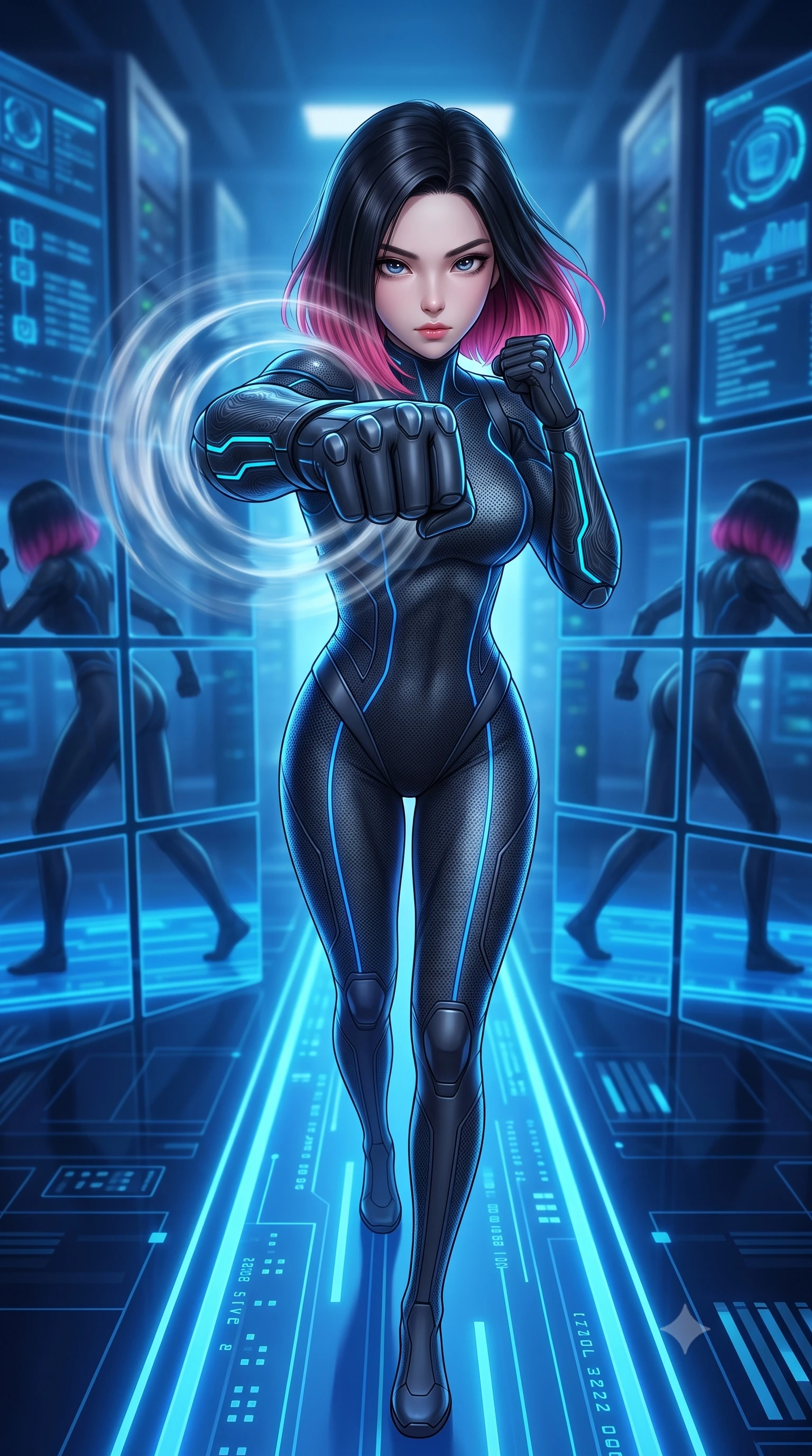 score_9, masterpiece, best quality, ultra-detailed, high-budget anime keyframe, semi-realistic 3D game render, editorial fashion photography, tasteful artistic composition, Korean woman. close-up cowboy shot from the waist and thighs up, the character dominates the composition, filling the frame with her large presence. thrusting a high-speed kinetic punch toward the camera, a visible conical shockwave distortion wrapping around her sleek carbon forearm while stepping along a glowing blue data pathway with effortless sovereign grace as matrix mirrors reflect her silhouette. The composition keeps background elements in soft focus with creamy bokeh. supercomputer processor towers and holographic interface walls softened in dreamy atmospheric depth. She has an exceptionally elegant, slender, and willowy female figure with an ultra-slim waist, a gracefully sculpted slender torso, toned flat midriff, and a refined slim silhouette. sharp v-shaped jawline, high-bridge nose, intricate jewel-like eyes with depth, thick eyelashes, glossy lips with a natural sheen, flawlessly proportioned anatomical accuracy, strict slender model proportions, natural body alignment, perfectly sculpted long slender limbs, ultra-slim waistline, clean dynamic posture without body distortion. wearing an aerodynamic dark titanium carbon-mesh jumper with glowing blue fiber lines and reinforced Damascus-pattern arm guards in matte obsidian carbon black with electric cyan conduits, tailored from flexible second-skin carbon-mesh that clings flawlessly to her athletic curves, finished with high-mobility flexible limb seams and miniature magnetic armor locks, the form-contouring material adhering flawlessly to her sculpted flat midriff and slender torso, emphasizing her long leg lines and perfectly proportioned willowy build. bathed in glowing electric sapphire and cyan data stream illumination with rich ambient blue fill. rich saturated anime colors with glowing neon highlights, detailed shading with soft gradients, rich glossy textures, high-contrast stereoscopic depth, volumetric dynamic lighting, master piece, 9:16 ratio