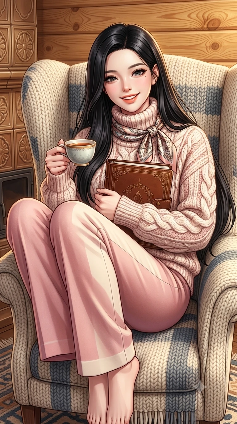 score_9, masterpiece, best quality, ultra-detailed, high-budget anime keyframe, semi-realistic 3D game render, editorial fashion photography, tasteful artistic composition, Korean woman. close-up cowboy shot from the waist and thighs up, the character dominates the composition, filling the frame with her large presence. holding a leather notebook close to her chest with both arms, smiling delightfully with youthful scholarly grace while curled up comfortably in an oversized wool wingback chair beside a traditional ceramic tile stove, smiling warmly with teacup in hand. The surrounding environment is rendered in vivid detail and crisp panoramic clarity: sharp tight annual growth rings in fragrant pine timber, glazed ceramic stove relief patterns, and hand-woven wool throw textures in deep focus. She has an exceptionally elegant, slender, and willowy female figure with an ultra-slim waist, flat toned midriff, narrow ribcage, and sculpted feminine hips creating an alluring, slim hourglass silhouette without bulk. sharp v-shaped jawline, high-bridge nose, intricate jewel-like sparkling eyes with depth, thick eyelashes, glossy parted lips with a natural peach sheen, bright cheerful beaming smile with an enchanting and coquettish sensual glint, exuding both youthful cute charm and seductive allure, flawlessly proportioned anatomical accuracy, strict slender model proportions, natural body alignment, perfectly sculpted long slender limbs, ultra-slim waistline, clean dynamic posture without body distortion. wearing an oversized chunky cable-knit cashmere roll-neck sweater paired with brushed wool flannel wide-leg trousers in Parisian pastel rose bouclé and cream pearl, made of crisp Egyptian cotton poplin with pristine tailored pressing, finished with a printed silk twilly scarf knotted gracefully around her neck, the sharp shoulder tailoring and gently nipped waist framing her slender torso with pristine sartorial perfection. illuminated by honey pine wall reflection bounce and warm buttery rim lights sculpting her features and slender hourglass curves. highly saturated vibrant anime colors, detailed shading with soft gradients, rich glossy textures, high-contrast stereoscopic depth, volumetric dynamic lighting, master piece, 9:16 ratio
