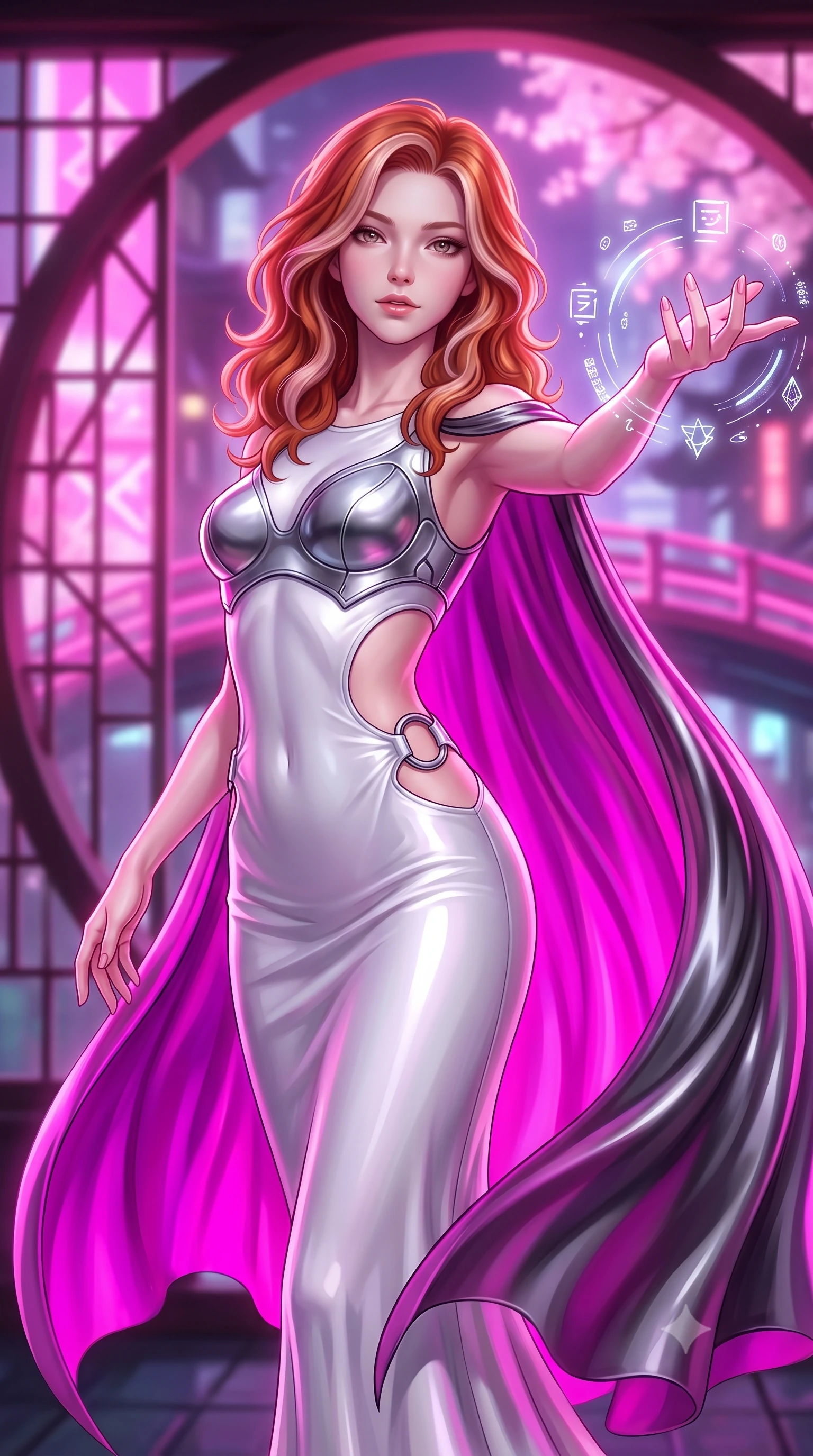 score_9, masterpiece, best quality, ultra-detailed, high-budget anime keyframe, semi-realistic 3D game render, editorial fashion photography, tasteful artistic composition, Caucasian woman. close-up cowboy shot from the waist and thighs up, the character dominates the composition, filling the frame with her large presence. extending one arm gracefully as floating holographic glyphs and nano-crystals orbit her fingertips with sovereign power while stretching her slender torso in an alluring back-arch as pink and violet neon light streams through geometric glass panes. The composition keeps background elements in soft focus with creamy bokeh. traditional futuristic lacquered arches and neon bridges softened by shallow cinematic depth of field. She has an exceptionally elegant, slender, and willowy female figure with an ultra-slim waist, a gracefully sculpted slender torso, toned flat midriff, and a refined slim silhouette. sharp v-shaped jawline, high-bridge nose, intricate jewel-like eyes with depth, thick eyelashes, glossy lips with a natural sheen, flawlessly proportioned anatomical accuracy, strict slender model proportions, natural body alignment, perfectly sculpted long slender limbs, ultra-slim waistline, clean dynamic posture without body distortion. wearing a form-contouring white liquid-mercury gown with polished silver biomechanical breastplate and flowing luminescent chiffon cape in vibrant electric magenta and ultra-reflective dark titanium, made of smooth flowing silk chiffon that shifts colors with movement, detailed with polished silver rings connecting the daring side-waist cutouts, the liquid-tight tailored fabric emphasizing every curve of her tall, slender model proportions and sculptured silhouette during dynamic movement. bathed in luminous magenta and rose-pink digital sakura backlighting with soft violet fill. rich saturated anime colors with glowing neon highlights, detailed shading with soft gradients, rich glossy textures, high-contrast stereoscopic depth, volumetric dynamic lighting, master piece, 9:16 ratio