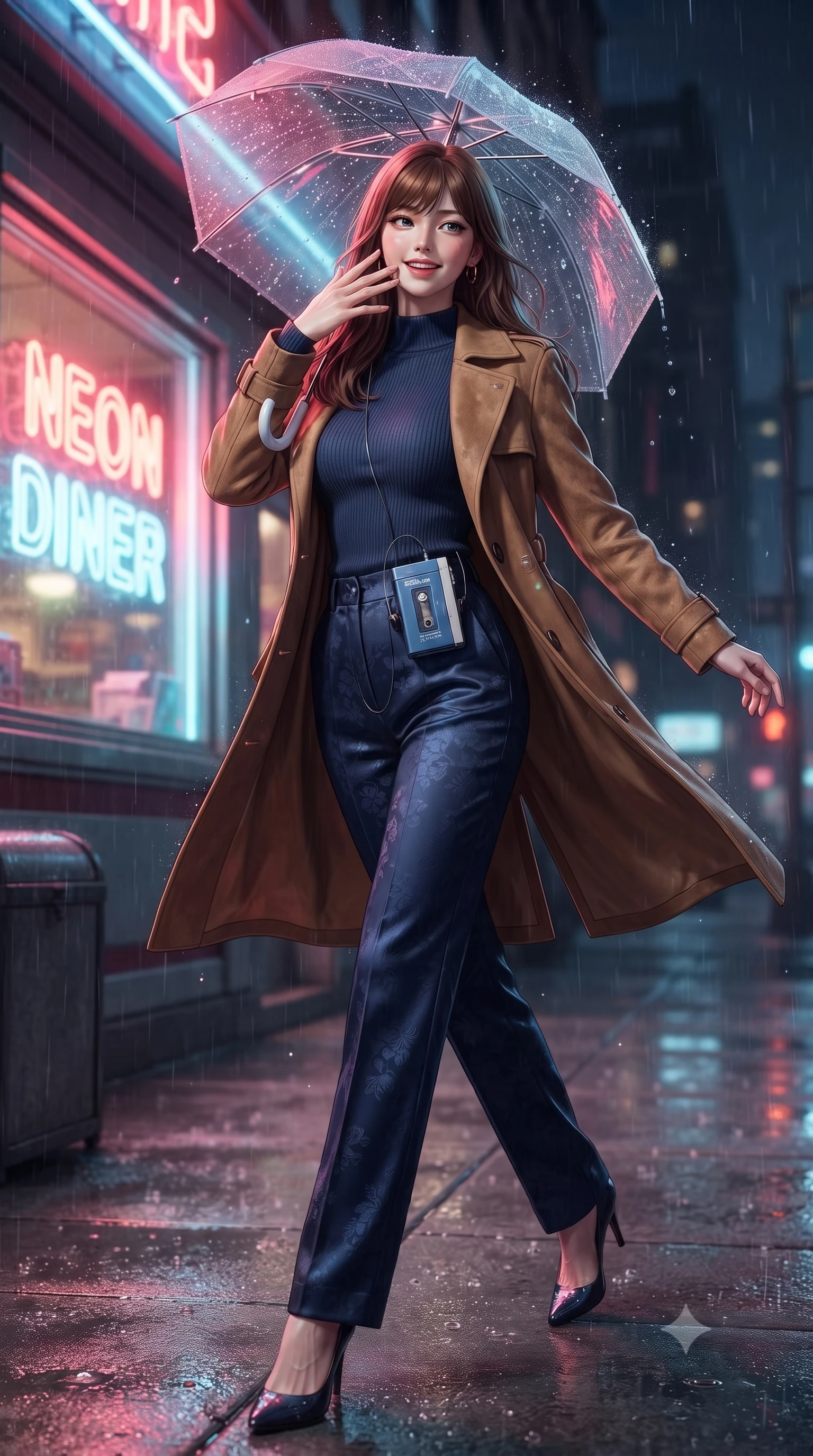 score_9, masterpiece, best quality, ultra-detailed, high-budget anime keyframe, editorial fashion photography, tasteful artistic composition, Korean woman. low angle full-body shot from head to toe showing her feet, filling the entire 9:16 vertical frame with her statuesque presence, stretching her vertical silhouette. stepping forward gracefully in mid-motion, displaying her toned flat midriff and flawlessly sculpted slender limbs while pivoting playfully outside a retro diner's glowing neon window, smiling with infectious nostalgic girlhood charm. The composition keeps background elements in soft focus with creamy bokeh. splattering raindrops on umbrella plastic and neon glare scattering soft nostalgic light motes. She has an absolutely perfect, statuesque 8.5-heads proportion, an exceptionally tall and slender model-like female figure with impossibly long slender legs, a toned flat midriff, and an ultra-slim waist. sharp v-shaped jawline, high-bridge nose, intricate jewel-like eyes with depth, thick eyelashes, glossy lips with a natural sheen, captivating and magnetic expression, flawlessly proportioned anatomical accuracy, strict slender model proportions, natural body alignment, perfectly sculpted long slender limbs, ultra-slim waistline, clean dynamic posture without body distortion. wearing a stylish retro suede trench coat over a fitted mock-neck knit top and high-waist tailored slacks in deep navy blue and vintage brass gold, crafted from liquid-smooth silk satin with subtle floral jacquard, accessorized with a vintage portable cassette Walkman clipped to her waistband, the liquid-tight tailored fabric emphasizing every curve of her tall, slender model proportions and sculptured silhouette during dynamic movement. surrounded by a romantic, moody, and irresistibly nostalgic 90s city-pop heroine aura. ultra-reflective glossy finish, specular highlights, rich textural contrasts, high-contrast stereoscopic depth, volumetric dynamic lighting, 2k, ultra detail, master piece, 9:16 ratio