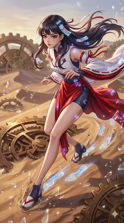 score_9, masterpiece, best quality, ultra-detailed, Set A: High-budget Anime Keyframe, Korean woman. Upper body close-up from the thighs up, character filling the screen for maximum presence. Sliding through a clockwork desert, as she leaves a trail 