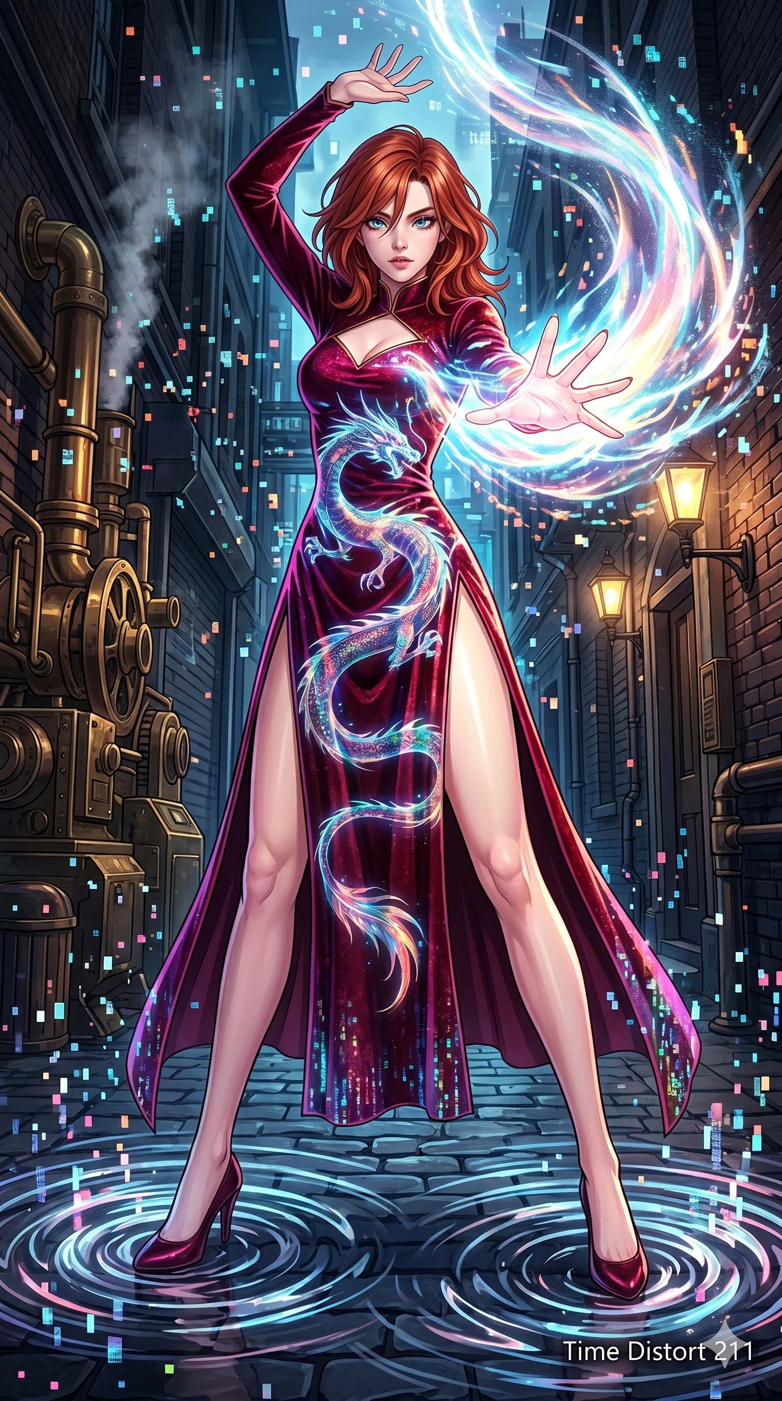 score_9, masterpiece, best quality, ultra-detailed, Set A: High-budget Anime Keyframe, Caucasian (human ears) woman. Low angle cowboy shot filling the entire 9:16 frame with her statuesque presence. Theme: Primal Nature. unleashing a massive energy wave in a steampunk London alleyway, as she steps on ripples of time that distort the space 211. The atmosphere is filled with a blizzard of digital pixels. She has an absolutely perfect 8-heads proportion, an exceptionally tall and slender female figure with impossibly long slender legs and an ultra-slim waist. Sharp v-shaped jawline, high-bridge nose, intricate jewel-like eyes with depth, glossy lips. Wearing High-slit velvet gown with integrated holographic projection of a dragon. Cinematic lighting, vivid colors, dramatic shadows, 2k, ultra detail, master piece, 9:16 ratio