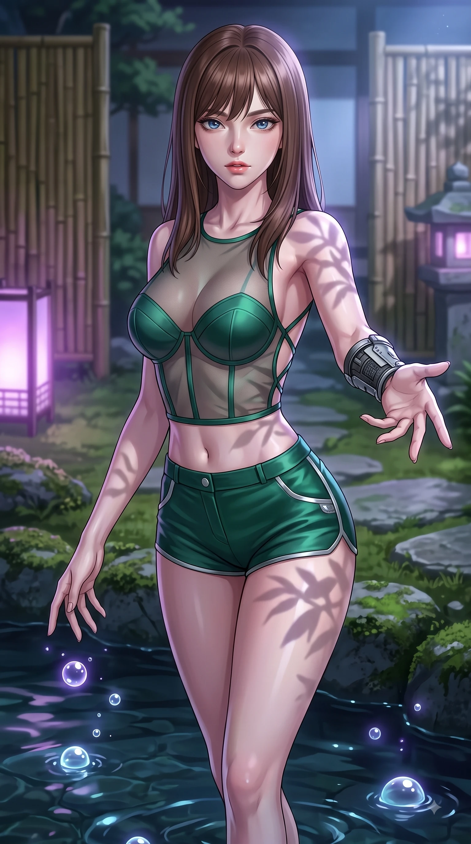 score_9, masterpiece, best quality, ultra-detailed, high-budget anime keyframe, editorial fashion photography, tasteful artistic composition, Korean woman. close-up cowboy shot from the waist and thighs up, the character dominates the composition, filling the frame with her large presence, background elements kept in soft focus. Reaching one arm gracefully toward the camera with magnetic poise, displaying her statuesque silhouette while reaching one arm gently toward the water surface as bioluminescent bubbles cast pearl highlights, bamboo partitions and stone lanterns casting peaceful organic stencil shadows. She has an exceptionally elegant, slender, and willowy female figure with an ultra-slim waist, a gracefully sculpted slender torso, and a refined silhouette. sharp v-shaped jawline, high-bridge nose, intricate jewel-like eyes with depth, thick eyelashes, glossy lips with a natural sheen, flawlessly proportioned anatomical accuracy, natural body alignment, perfectly sculpted elegant limbs, clean dynamic posture without body distortion. wearing a delicate see-through mesh top with structured cup boning and micro-shorts in deep emerald green and silver accent, crafted from smooth liquid silk, complemented by criss-cross back straps highlighting her bare shoulders, the tailored fabric tightly following every curve of her athletic build. illuminated by luminous purple bioluminescence and serene silver moonlight. highly saturated vibrant anime colors, detailed shading with soft gradients, rich glossy textures, high-contrast stereoscopic depth, volumetric dynamic lighting, master piece, 9:16 ratio