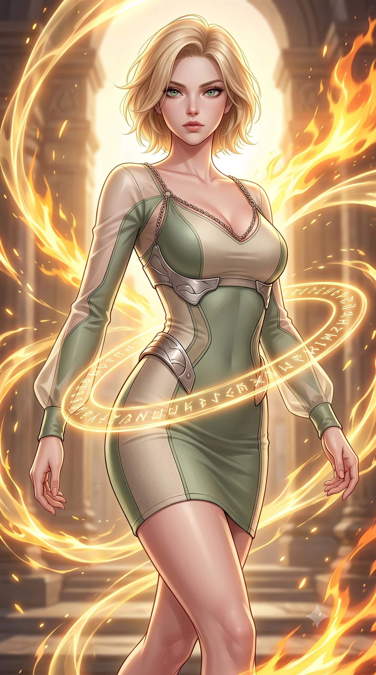 score_9, masterpiece, best quality, ultra-detailed, high-budget anime keyframe, editorial fashion photography, tasteful artistic composition, Caucasian woman. close-up cowboy shot from the waist and thighs up, the character dominates the composition, filling the frame with her large presence, background elements kept in soft focus. Gazing past the lens with composed intensity as her torso curves dynamically in mid-motion while forging dynamically through an architectural sun temple as golden energy arcs erupt nearby, translucent golden energy rings orbiting around her slender waist in mid-air. She has an exceptionally elegant, slender, and willowy female figure with an ultra-slim waist, a gracefully sculpted slender torso, and a refined silhouette. sharp v-shaped jawline, high-bridge nose, intricate jewel-like eyes with depth, thick eyelashes, glossy lips with a natural sheen, flawlessly proportioned anatomical accuracy, natural body alignment, perfectly sculpted elegant limbs, clean dynamic posture without body distortion. wearing a sleek bodycon knit dress with strategic sheer organza sleeve panels in sage green and oatmeal, formed from sleek second-skin neoprene, adorned with delicate metallic chain straps along the neckline, the tailored fabric tightly following every curve of her athletic build. bathed in glorious golden solar flares and intense warm sunburst backlighting. highly saturated vibrant anime colors, detailed shading with soft gradients, rich glossy textures, high-contrast stereoscopic depth, volumetric dynamic lighting, master piece, 9:16 ratio