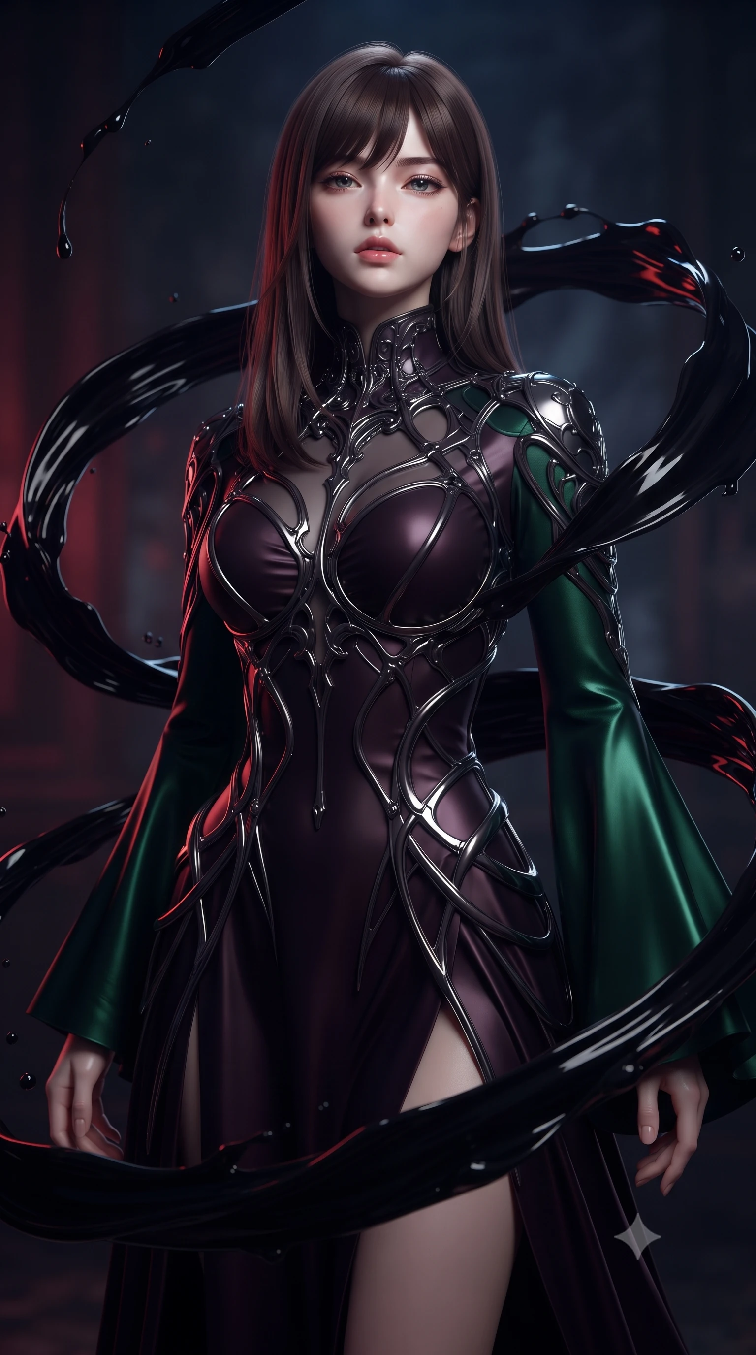 score_9, masterpiece, best quality, ultra-detailed, high-budget anime keyframe, editorial fashion photography, tasteful artistic composition, Korean woman. close-up cowboy shot from the waist and thighs up, the character dominates the composition, filling the frame with her large presence, background elements kept in soft focus. Tilting her chin up slightly with lips parted in a composed, mysterious expression, guiding viscous black paint ribbons hovering gracefully around her silhouette, swirling fluid motion paths frozen in zero gravity around her. She has an exceptionally elegant, slender, and willowy female figure with an ultra-slim waist, a gracefully sculpted slender torso, and a refined silhouette. sharp v-shaped jawline, high-bridge nose, intricate jewel-like eyes with depth, thick eyelashes, glossy lips with a natural sheen. wearing gothic high-collar dark plum silk evening gown with long bell sleeves in deep emerald green, made of sculpted obsidian metallic chrome, highlighted by a gunmetal metallic harness structure, contouring every curve with an exceptionally elegant silhouette. bathed in deep crimson and navy fluid reflections against pitch-black shadows. highly saturated vibrant anime colors, detailed shading with soft gradients, rich glossy textures, high-contrast stereoscopic depth, volumetric dynamic lighting, master piece, 9:16 ratio